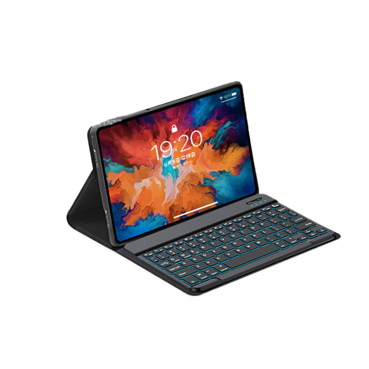 Tablet mit lebendigem Display, aufgestellt von einem schwarzen Gehäuse, mit Tastatur.