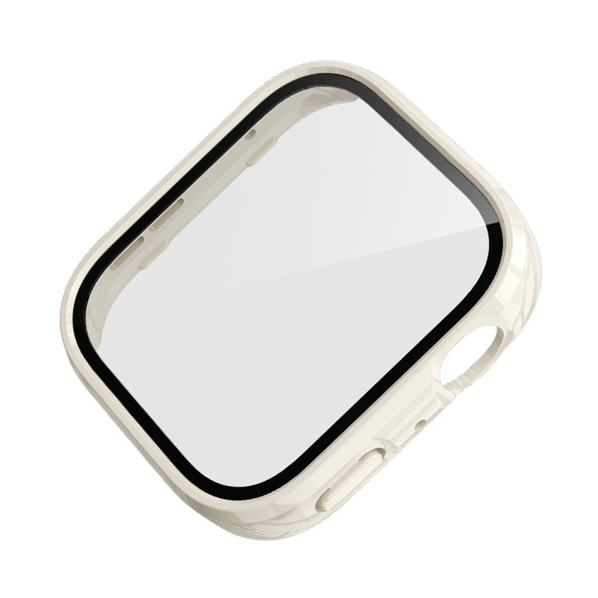 Custodia per smartwatch color crema con protezione schermo trasparente e bordo nero.