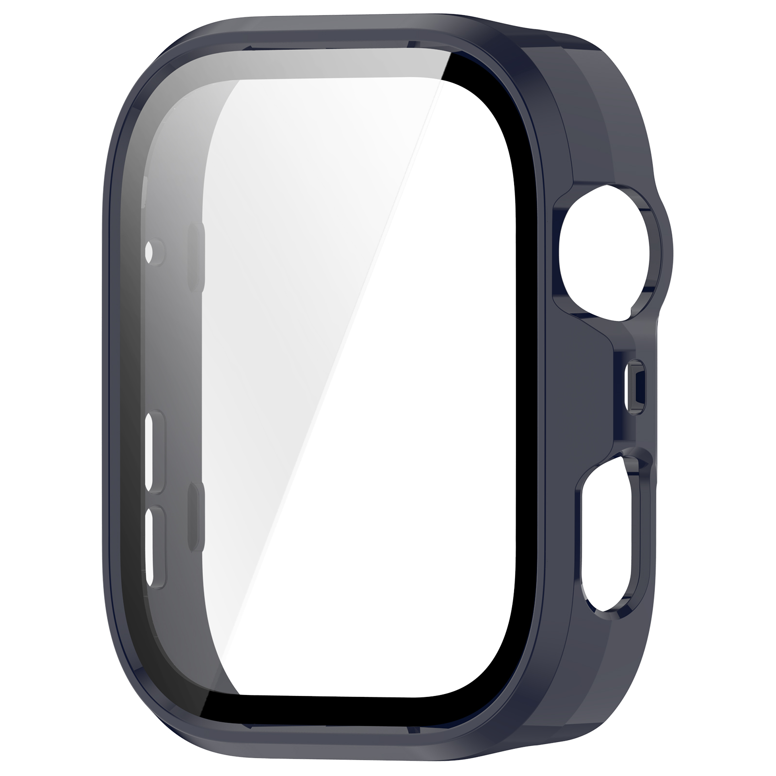 Cornice cassa orologio blu con protezione schermo trasparente. Il lato ha due pulsanti.