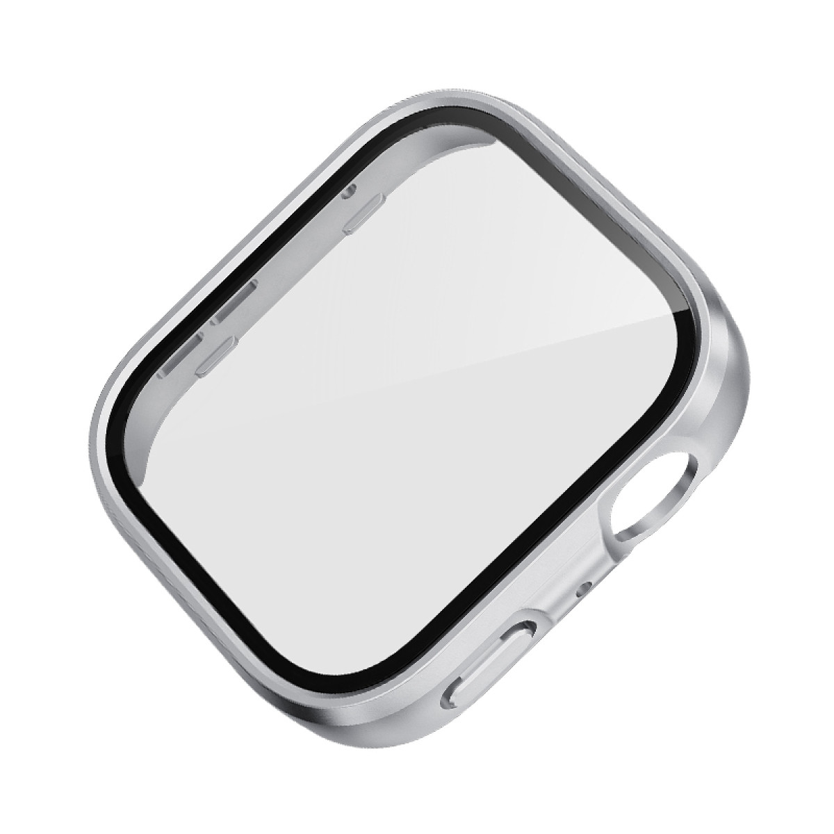 Cornice cassa orologio argentata con protezione schermo trasparente. È angolata. Sfondo bianco.