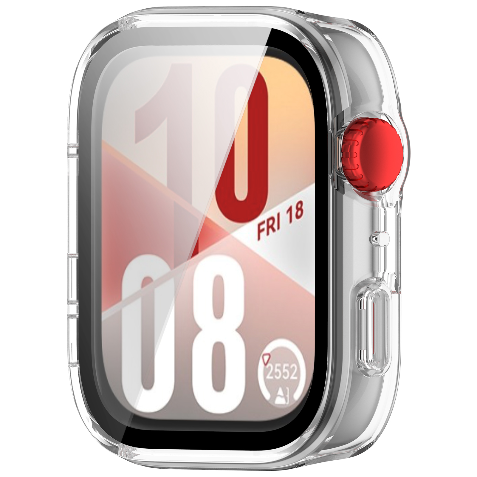 Una cassa trasparente per orologio con un quadrante all'interno, che mostra un pulsante rosso sul lato e l'ora.