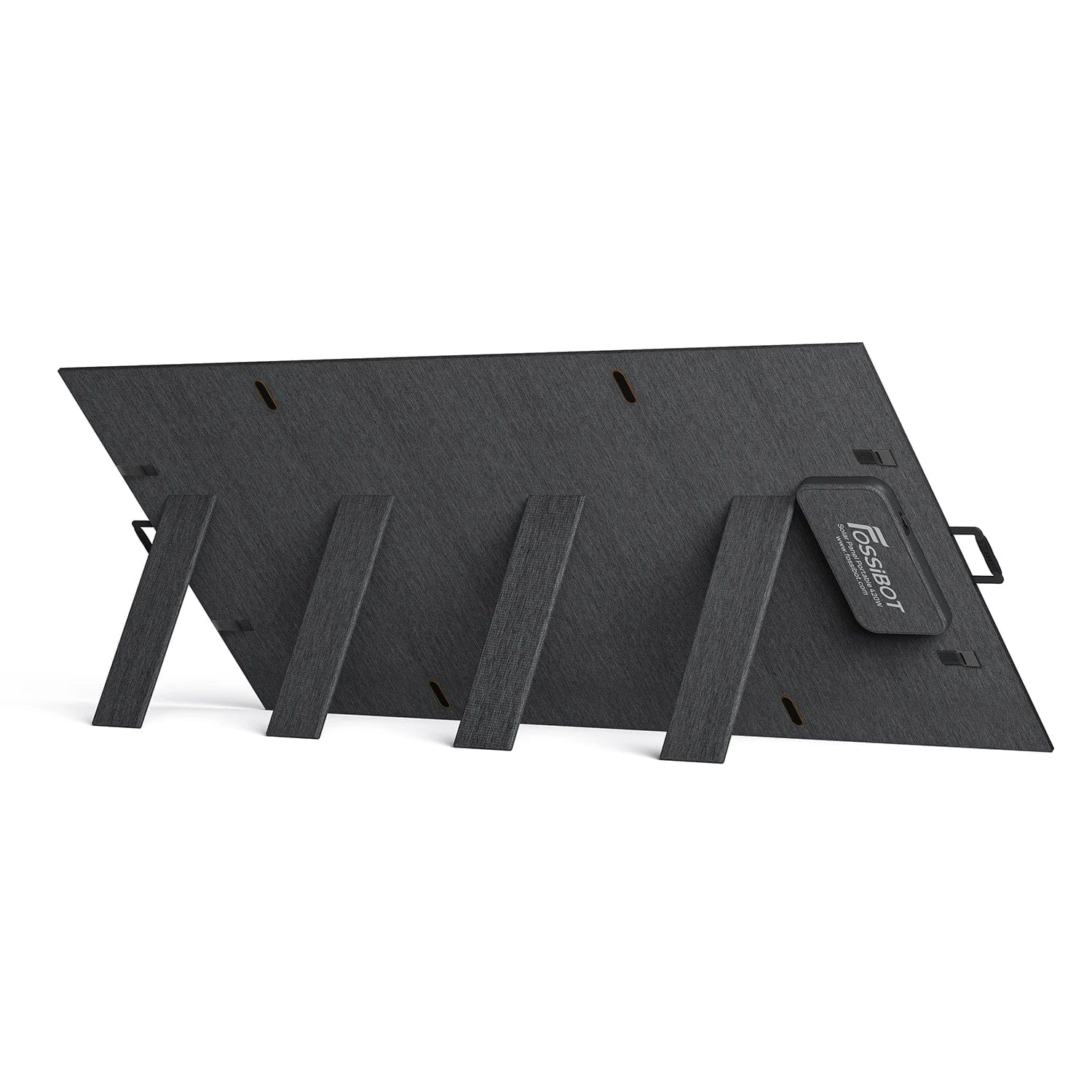 Panel słoneczny ze stojakiem, pod kątem. Szary panel z zielonym akcentem. Białe tło.