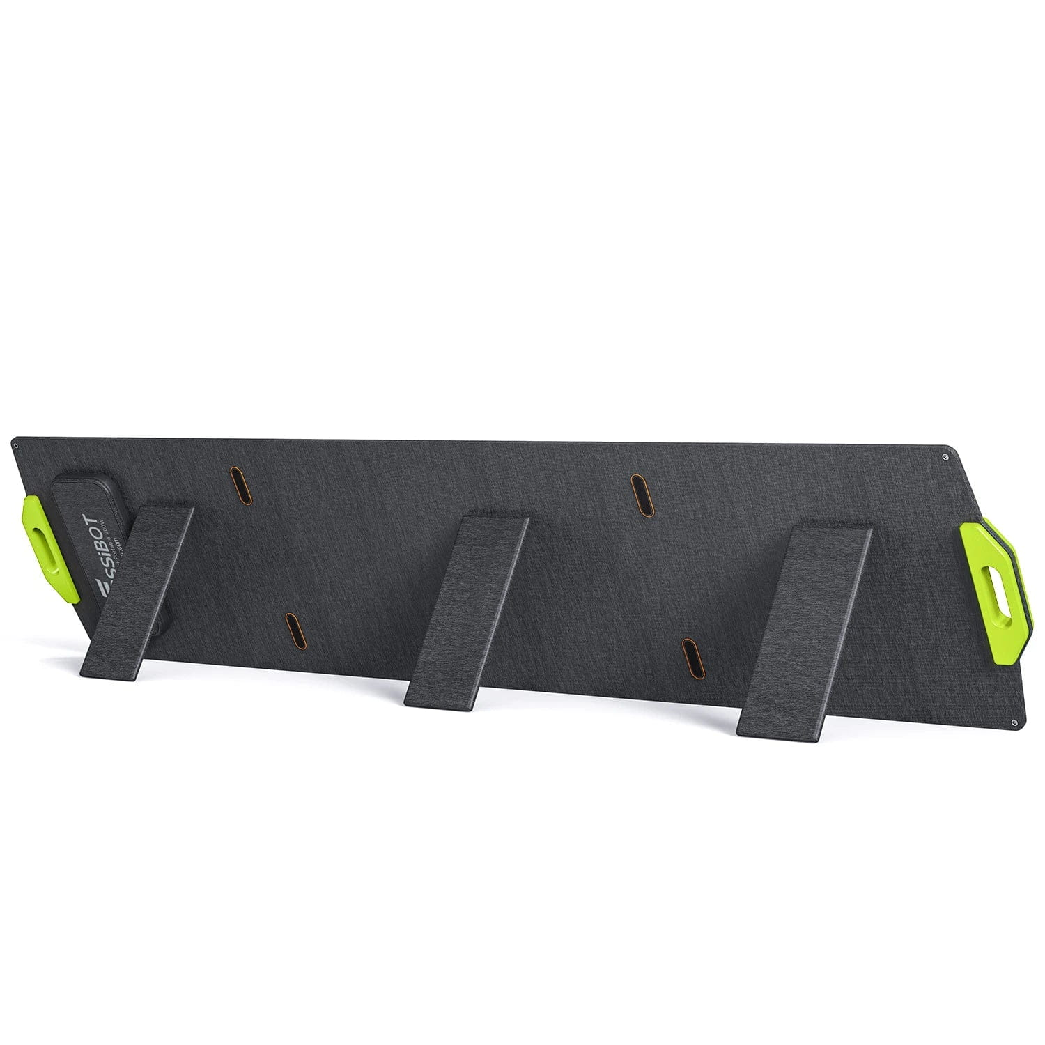 Widok z tyłu czarnego, składanego panelu słonecznego z nóżkami podporowymi i zielonymi uchwytami na białym tle.