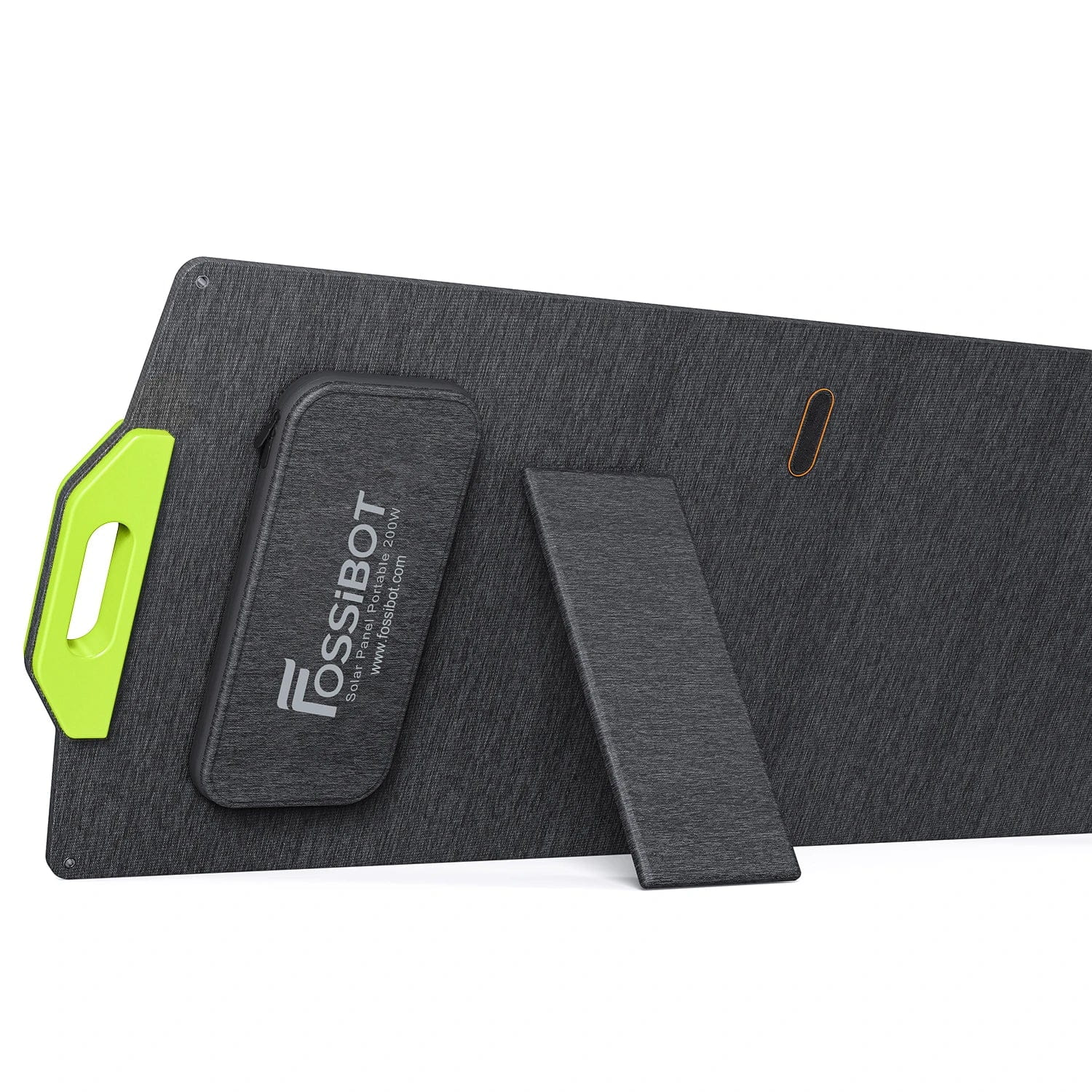 Panel słoneczny ze stojakiem, pod kątem. Szary panel z zielonym uchwytem i akcentem. Białe tło.