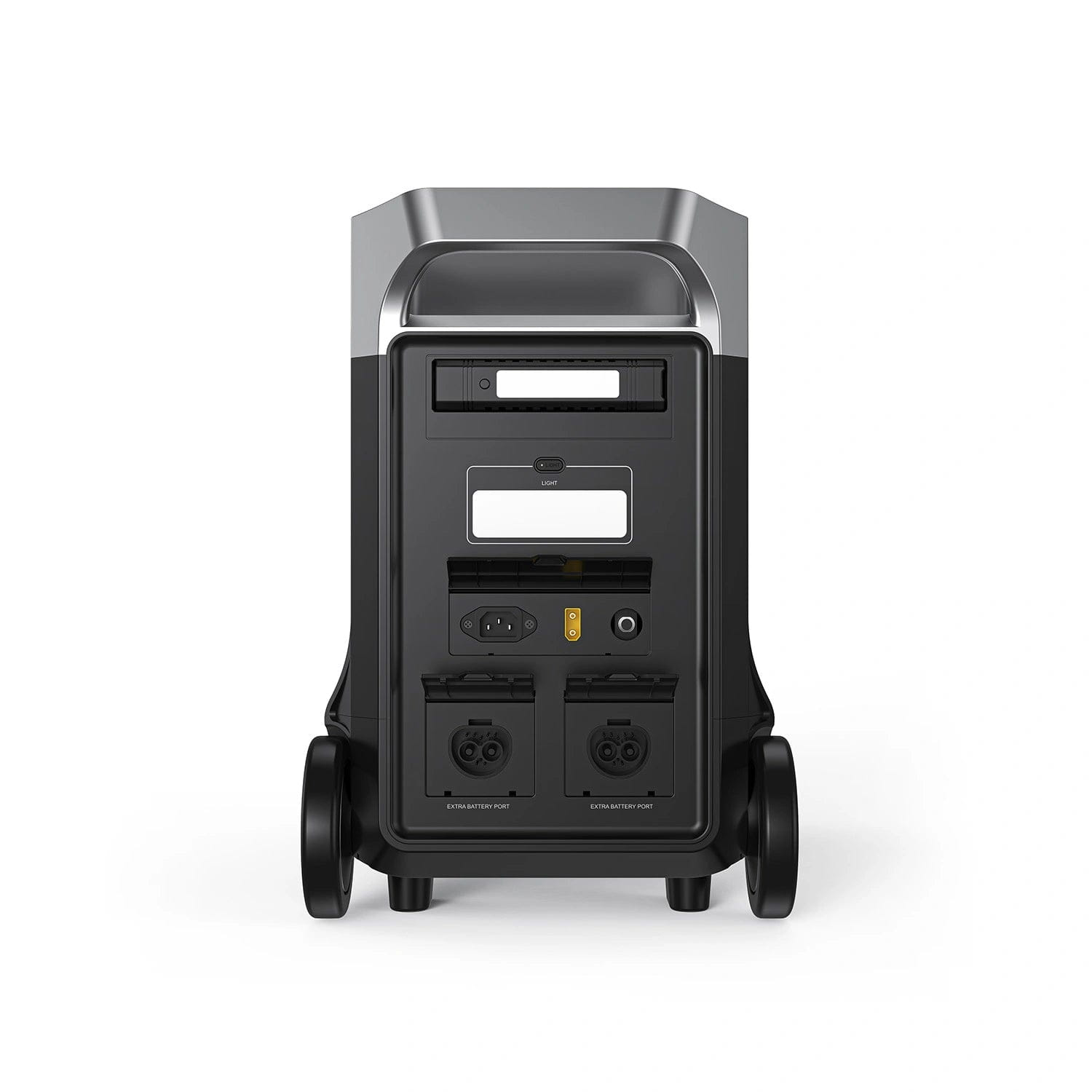 Tył czarnej przenośnej stacji zasilania z kołami, portami, światłami i dodatkowymi portami baterii.