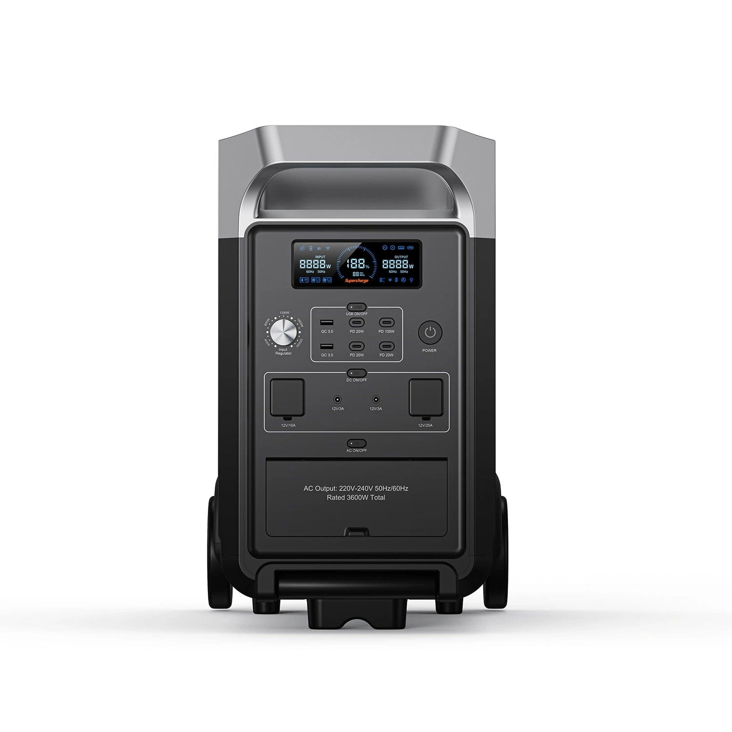 Czarna przenośna stacja zasilania z ekranem, przyciskami i pokrętłem. Widoczne wyjście AC i przycisk zasilania.
