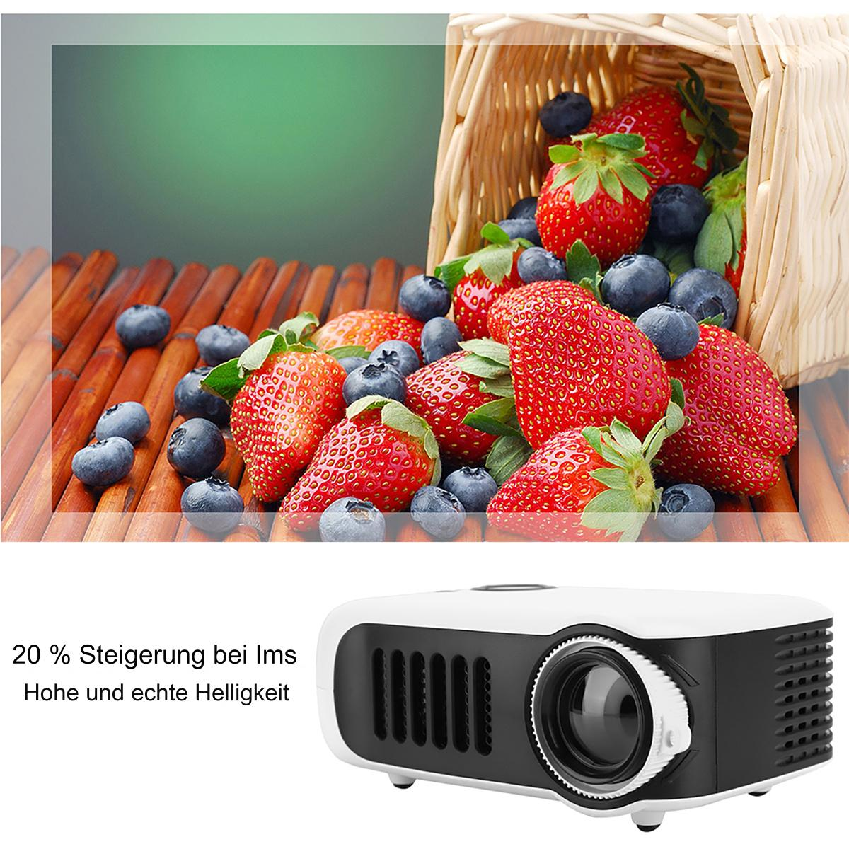 Erdbeeren und Blaubeeren in einem Korb, mit einem Projektor im Hintergrund. Weißer Hintergrund.
