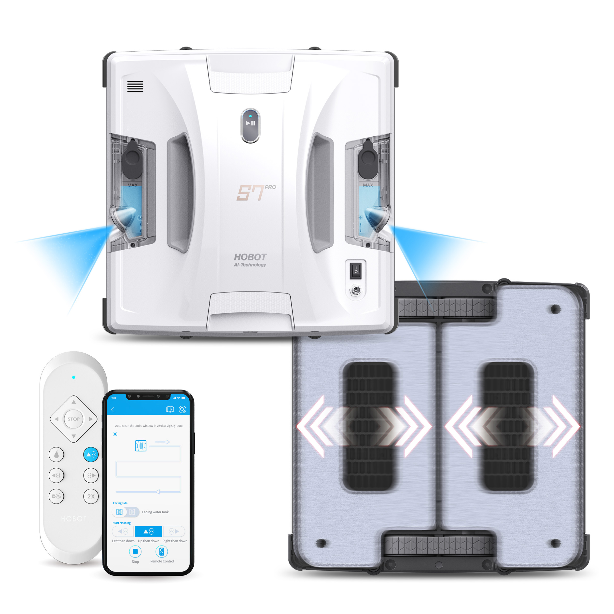 Un robot limpiacristales blanco con mando y teléfono.