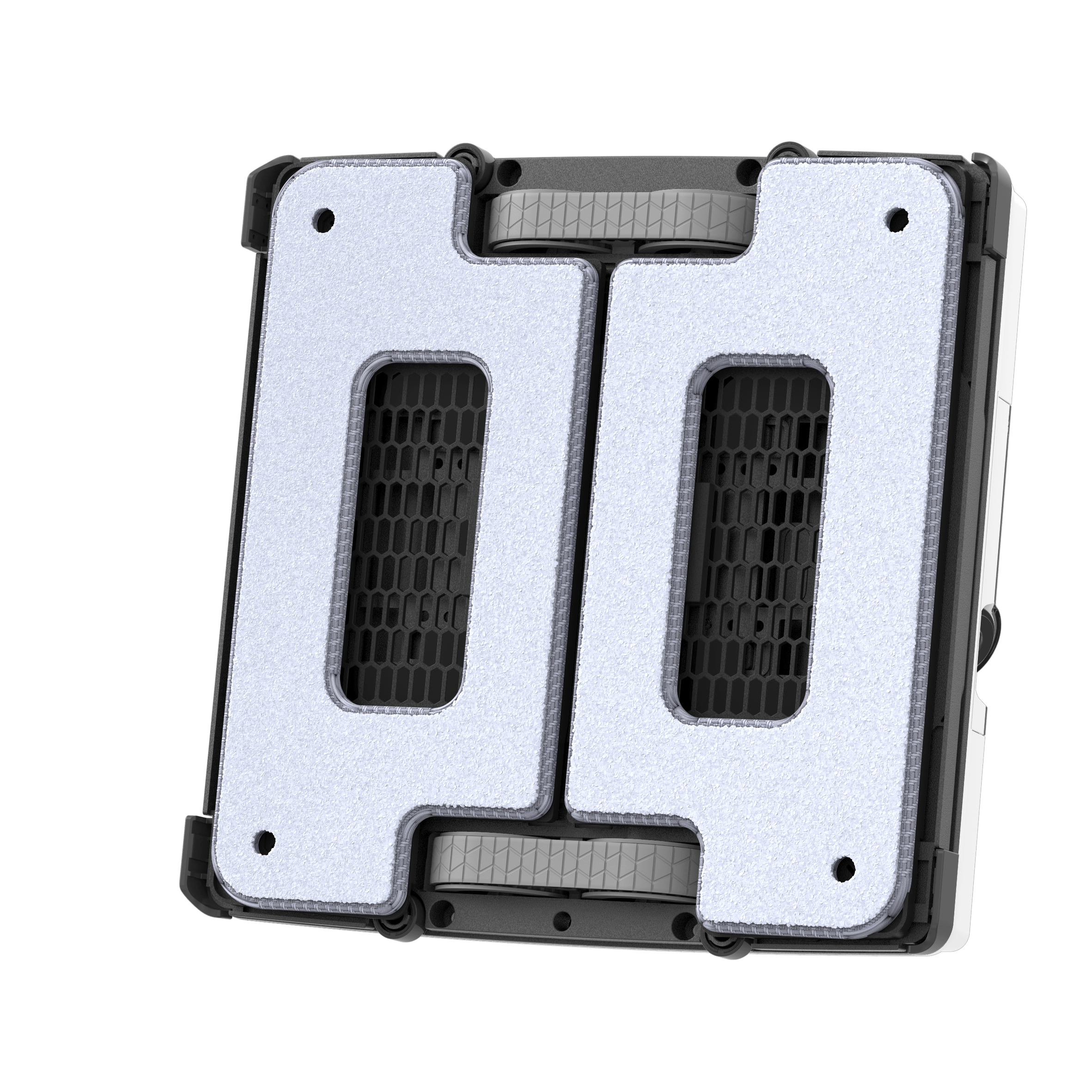 Un robot de limpieza de ventanas con dos almohadillas de limpieza y un cuerpo negro.