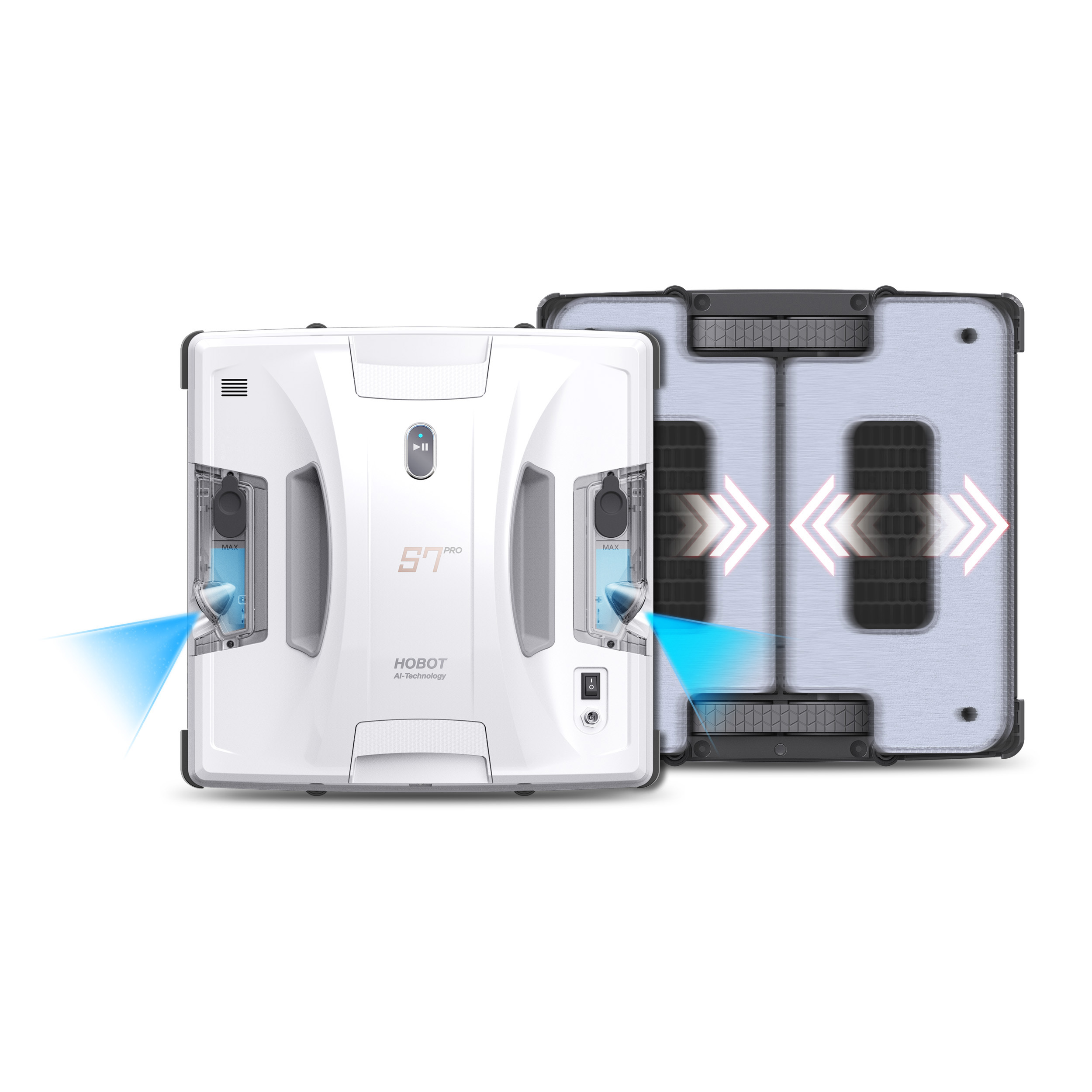Dos robots limpiacristales blancos, uno con pulverización azul.