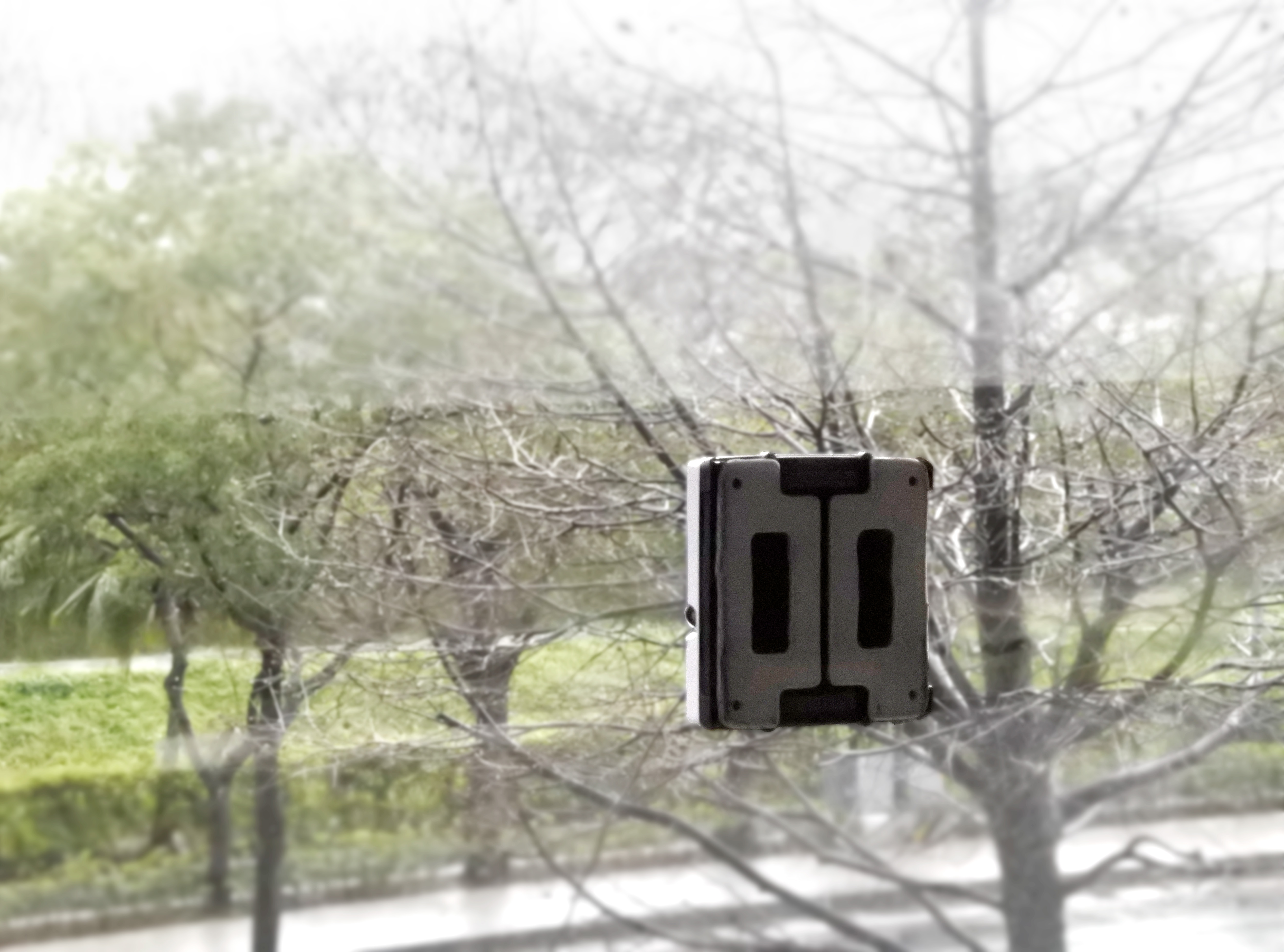 Un robot limpiacristales en una ventana con árboles al fondo.