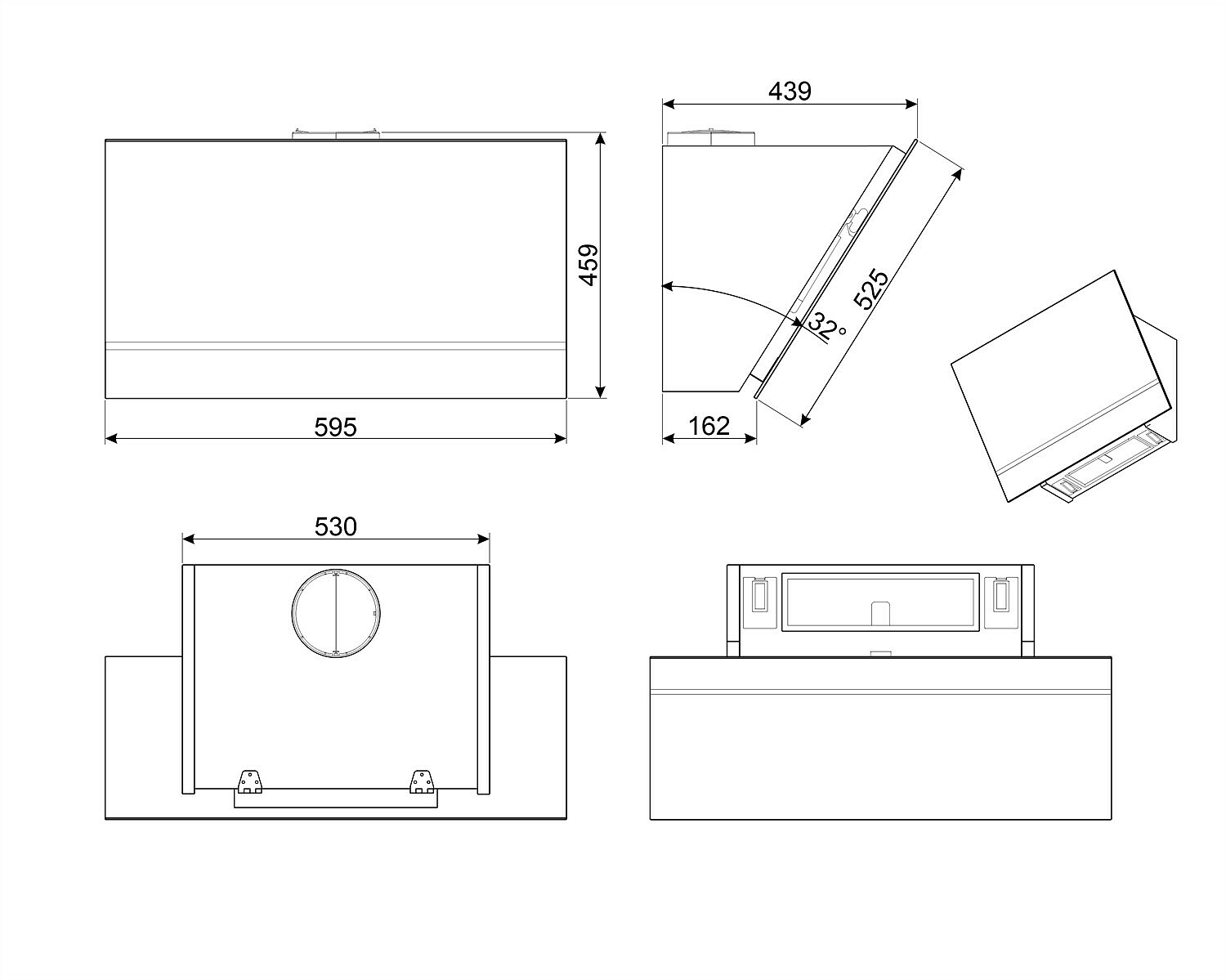 Dibujo técnico con vistas superior, lateral y frontal de una campana extractora. Dimensiones en mm.