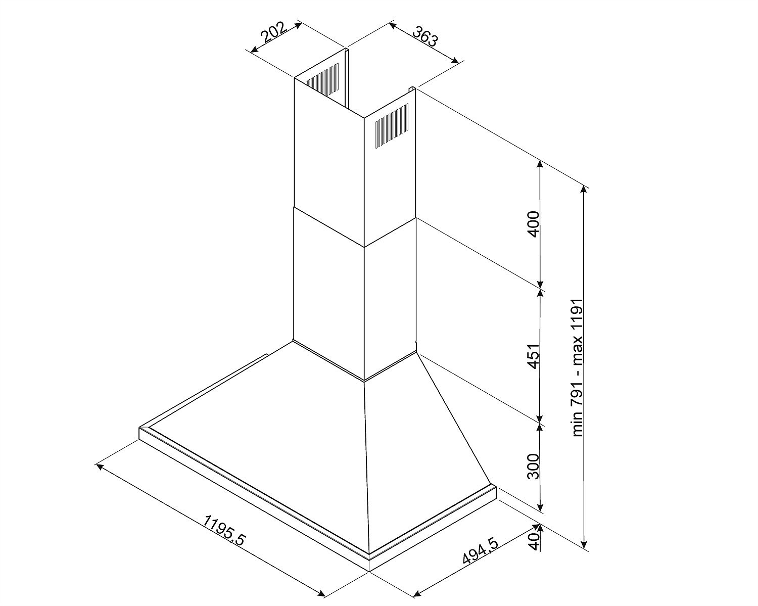 Dibujo técnico de una campana extractora de cocina con dimensiones, que se muestra en blanco sobre un fondo negro.