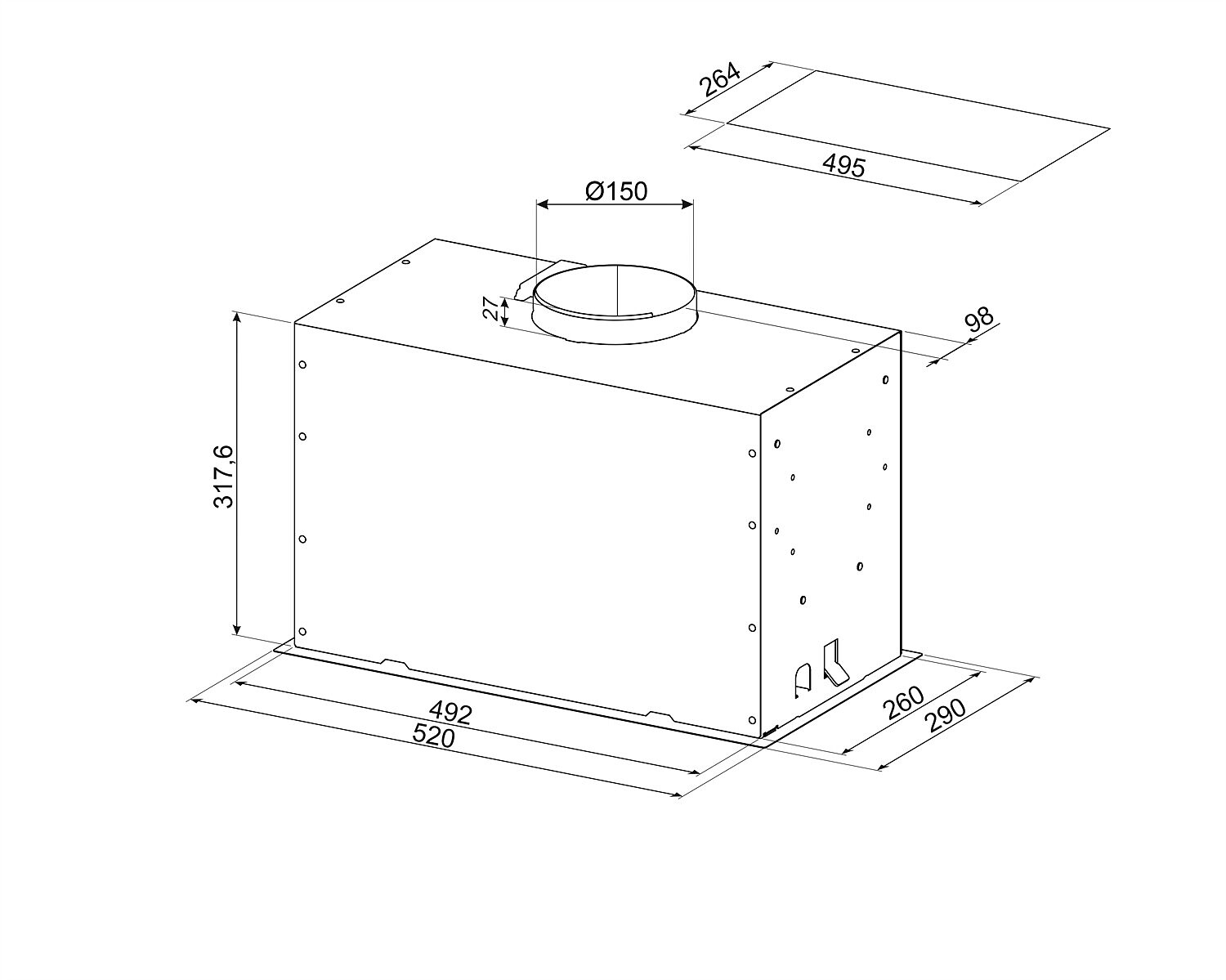 Dibujo técnico de una campana extractora. Muestra vistas laterales y frontales con dimensiones.