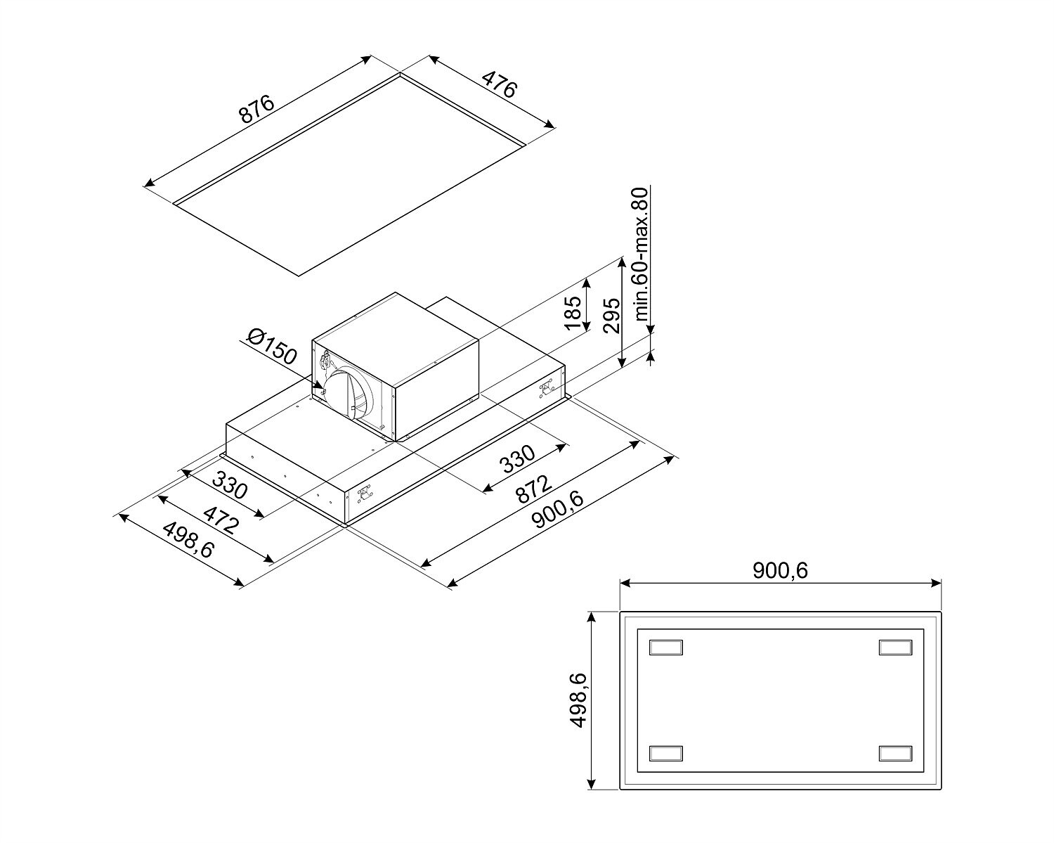 Dibujo técnico de una campana de cocina, que muestra dimensiones y diferentes vistas.