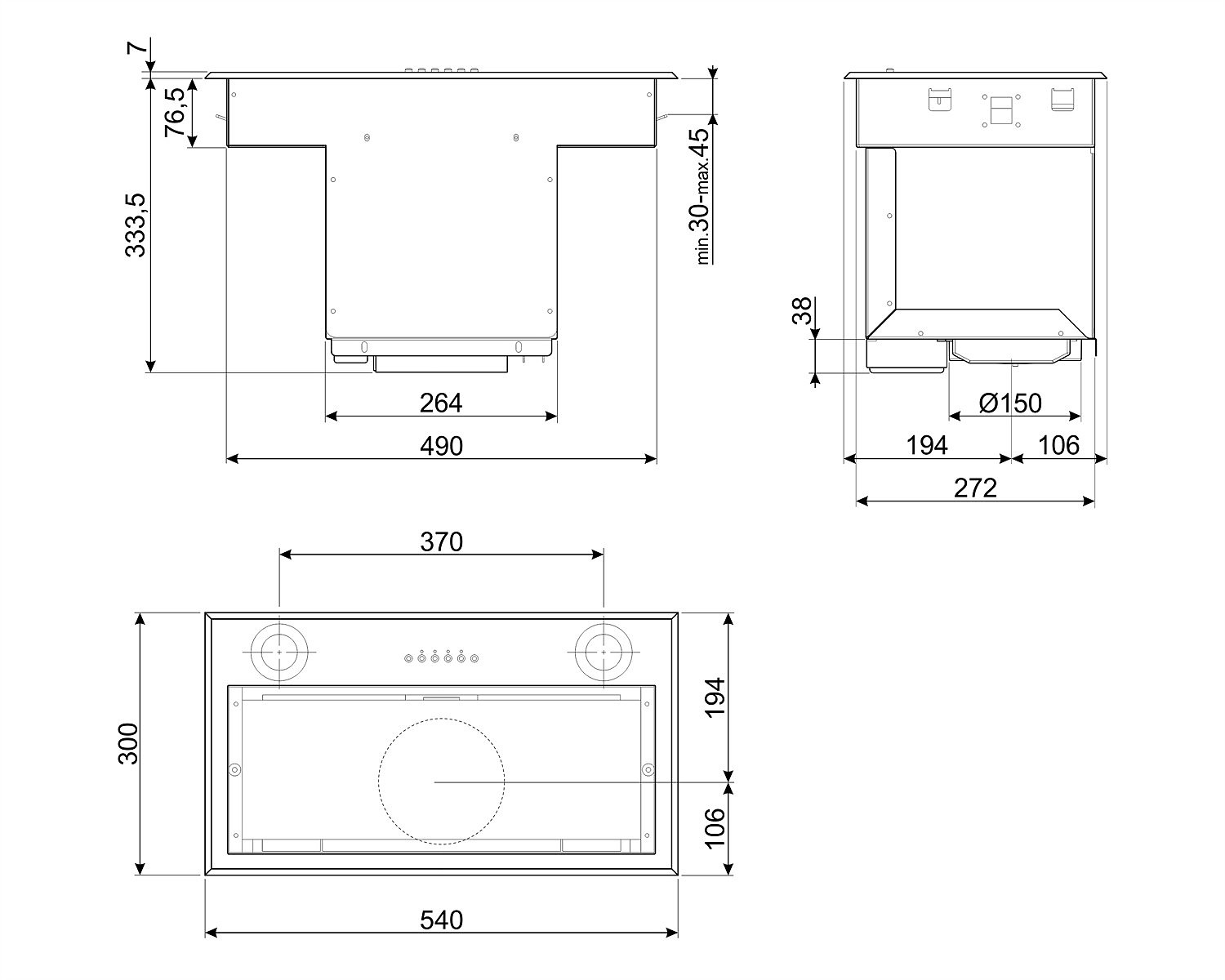 Dibujo técnico de una campana extractora. Dimensiones y vistas frontal y lateral.