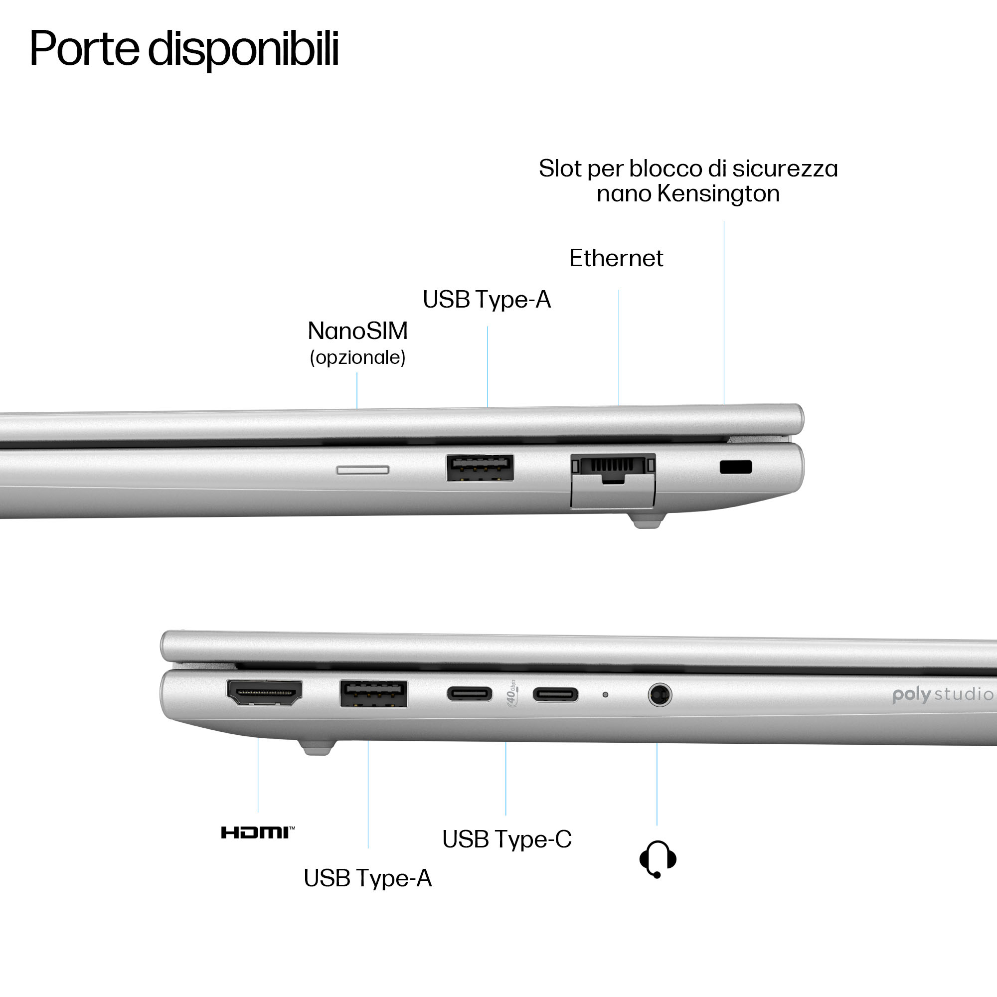 Primo piano delle porte del laptop, che mostra USB-A, USB-C, Ethernet e uno slot per blocco Kensington.