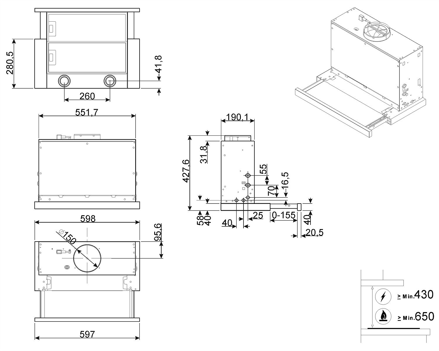 Dibujos técnicos de una campana de cocina, se muestran varias vistas y dimensiones.
