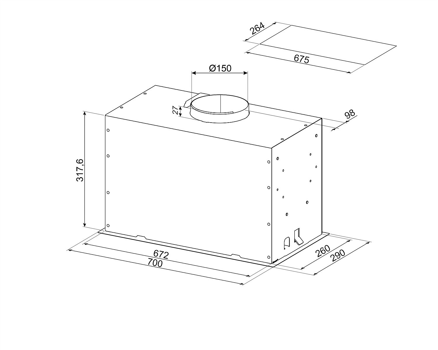 Dibujo técnico de una campana de cocina, que muestra dimensiones y diferentes vistas.
