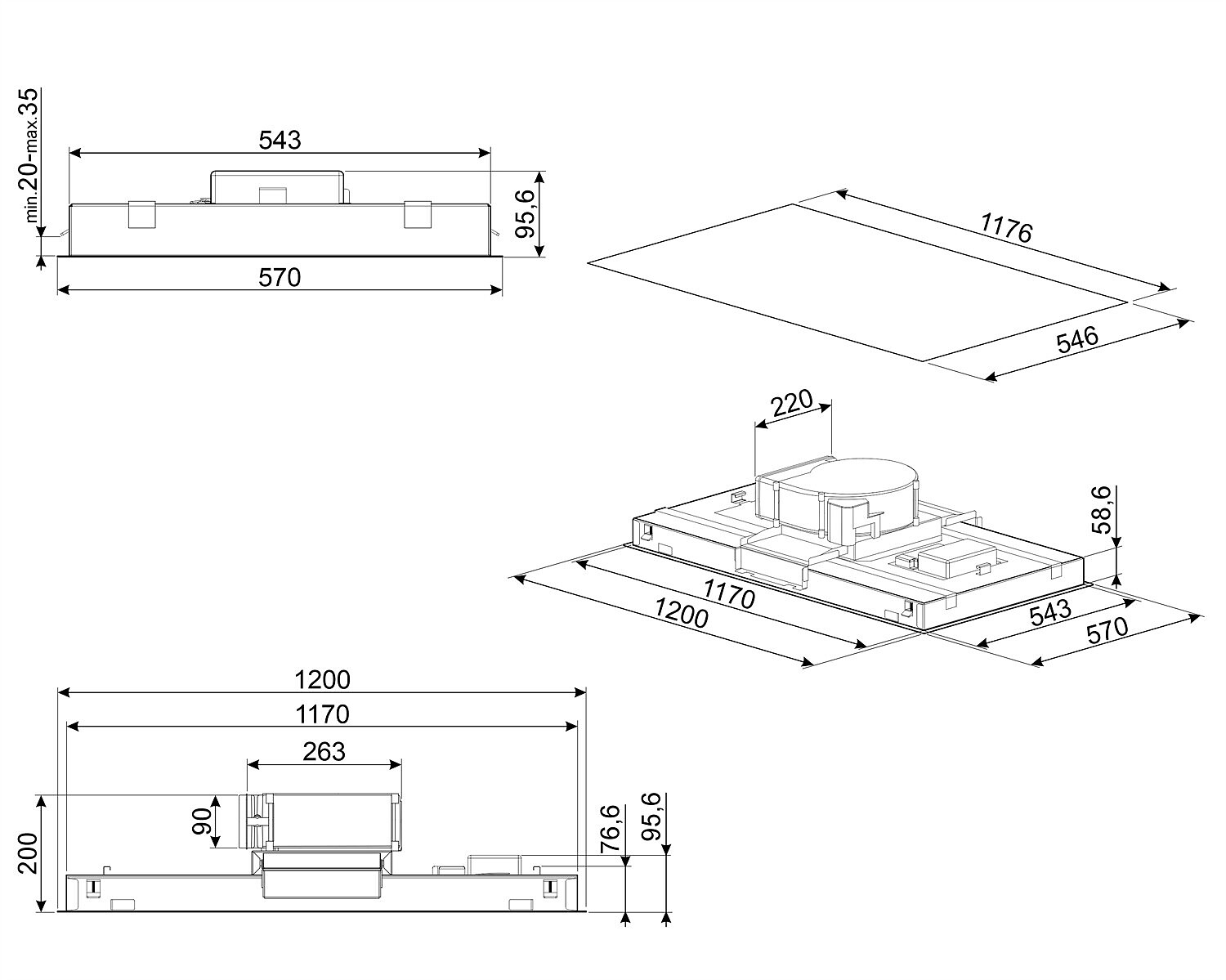Dibujo técnico que muestra las dimensiones de una campana extractora de cocina desde varios ángulos.