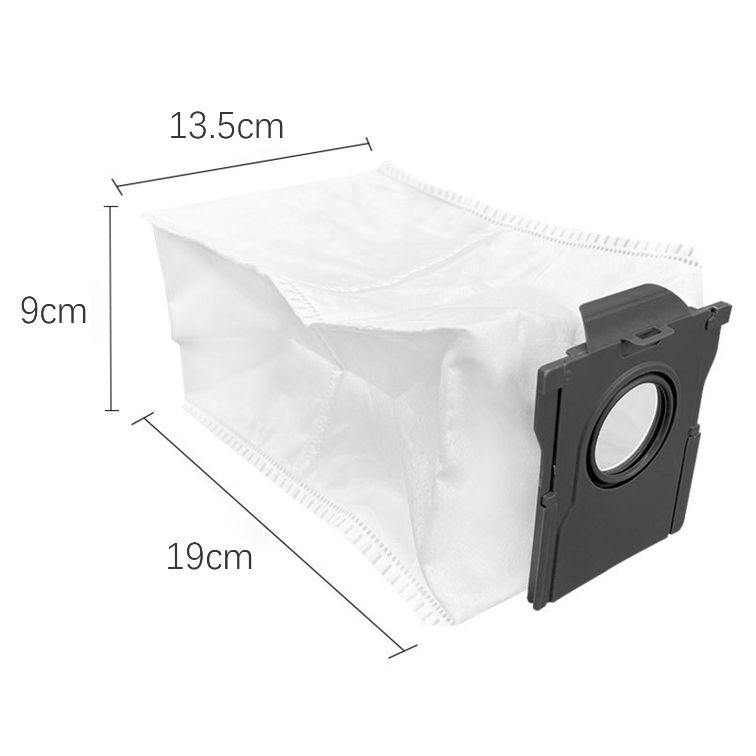 Sacco per la polvere bianco per aspirapolvere con bordo in plastica nera con dimensioni.
