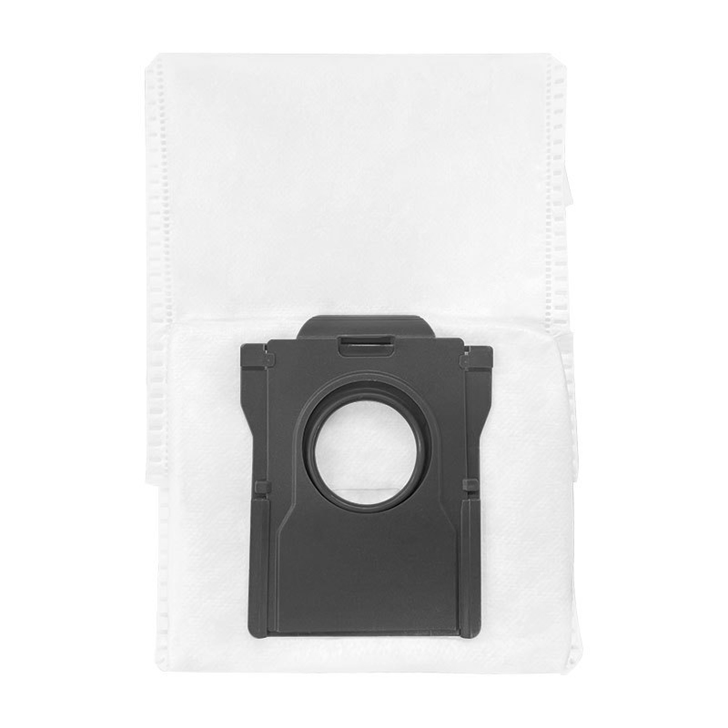Sacco per la polvere bianco per aspirapolvere con bordo in plastica nera.