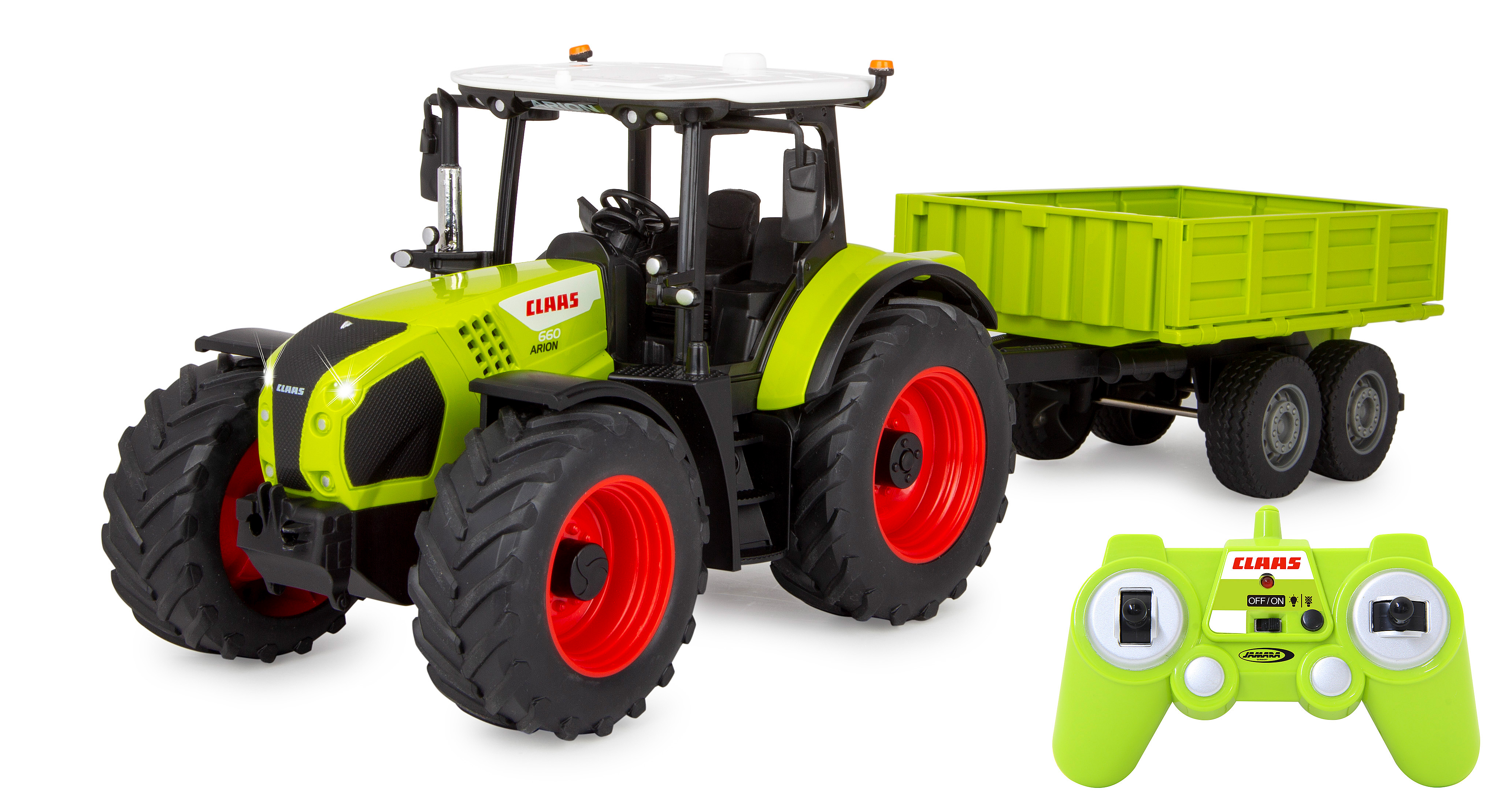 Ein grüner Traktor mit Anhänger und grüner Fernbedienung auf weißem Hintergrund.