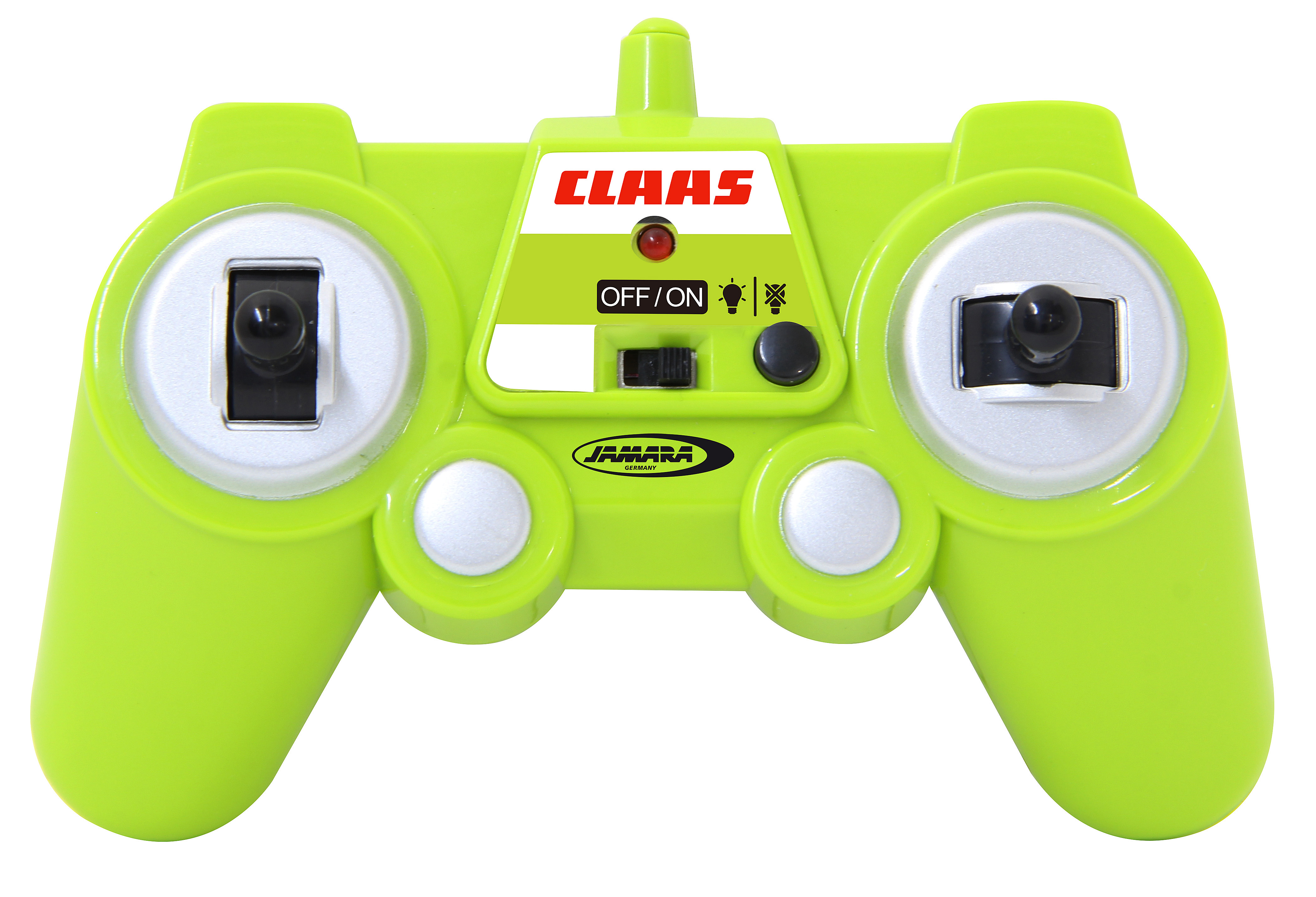 Eine grüne Spielzeug-Fernbedienung mit Knöpfen und einem Logo auf weißem Hintergrund.
