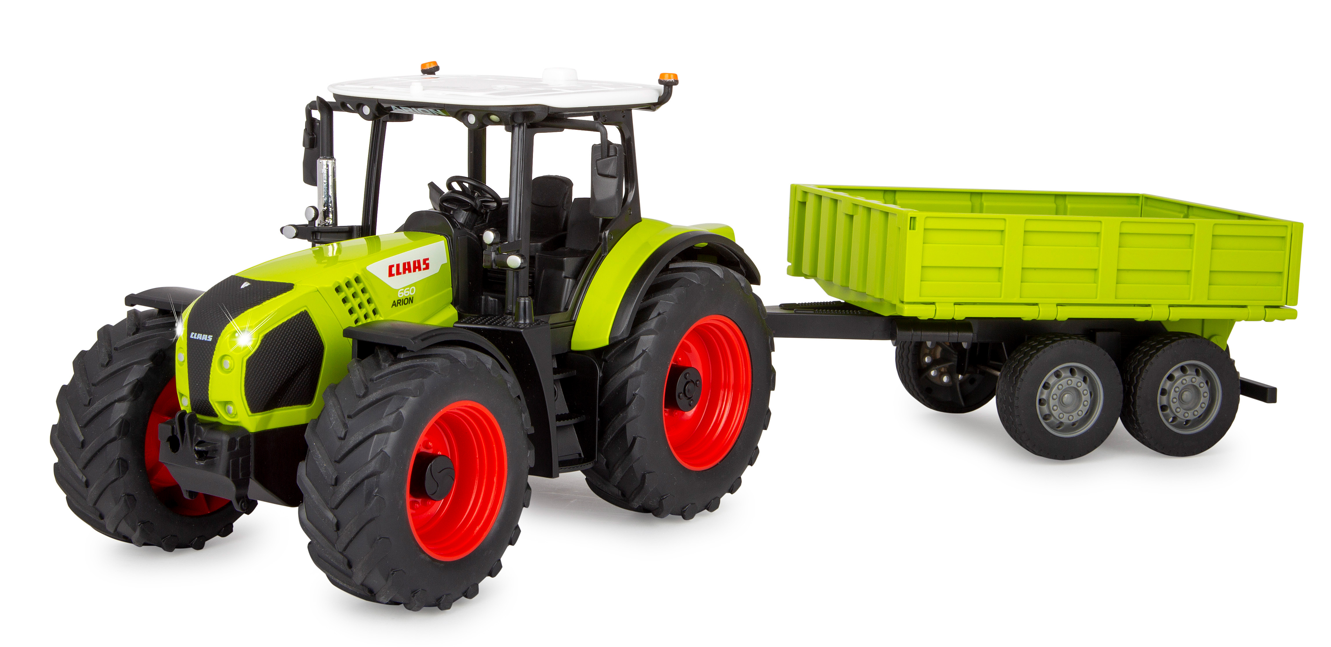 Ein grüner Traktor mit Anhänger und roten Rädern auf weißem Hintergrund.