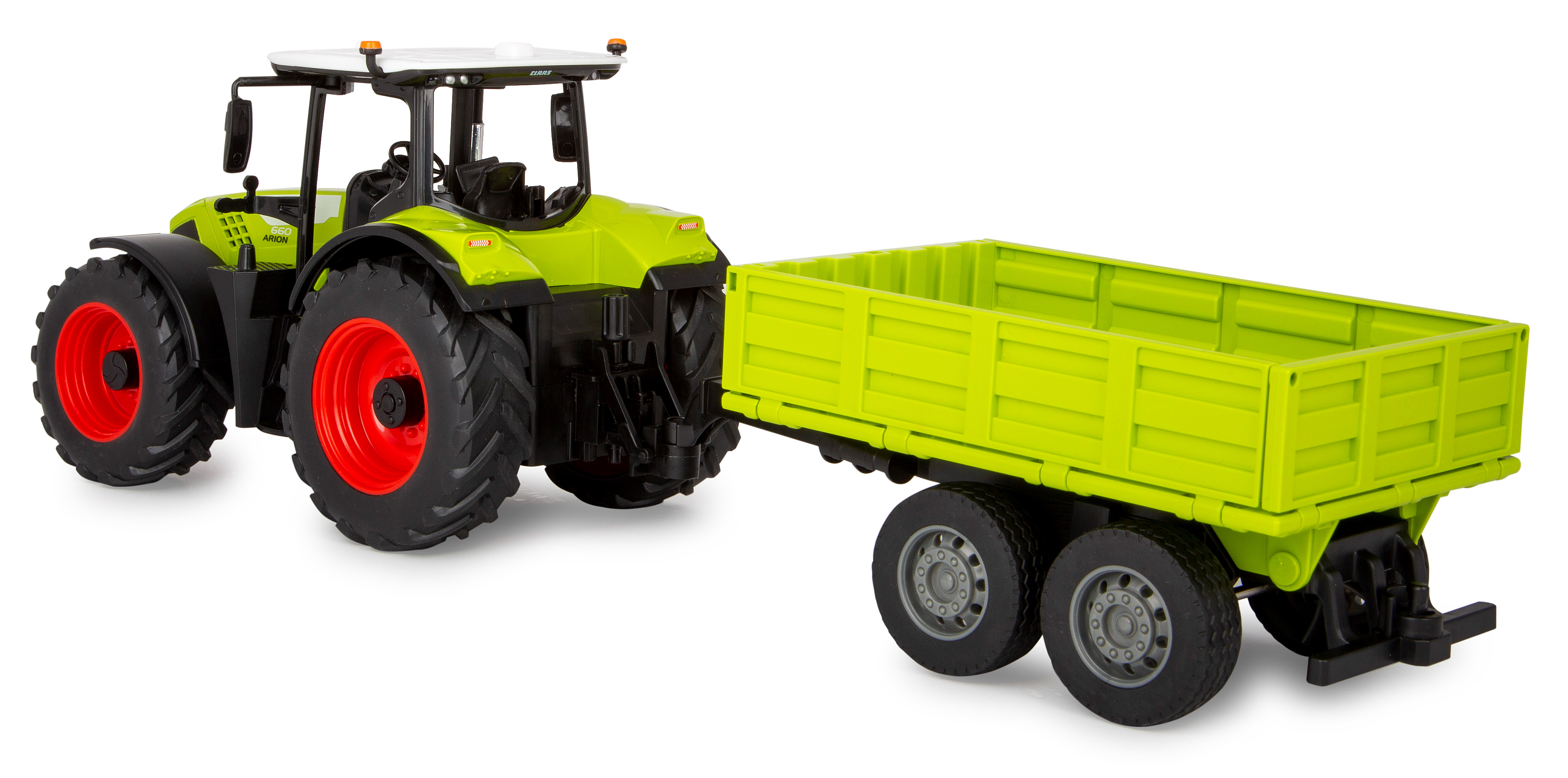 Ein grüner und gelber Spielzeugtraktor mit Anhänger. Der Traktor hat schwarze Reifen und eine graue Kabine.