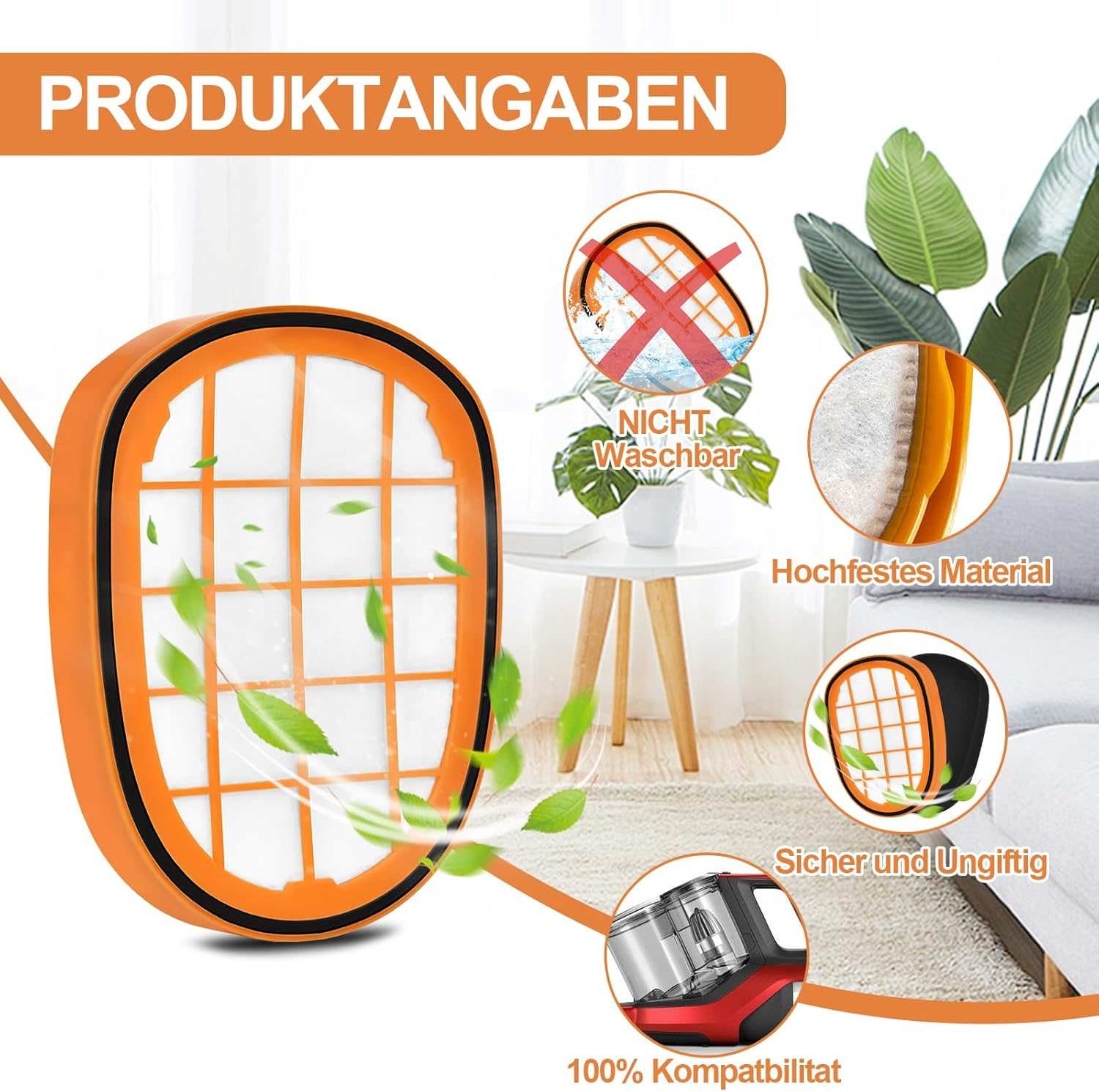 Porszívó szűrő szöveggel és diagramokkal, a tulajdonságait illusztrálva, fehér háttéren.