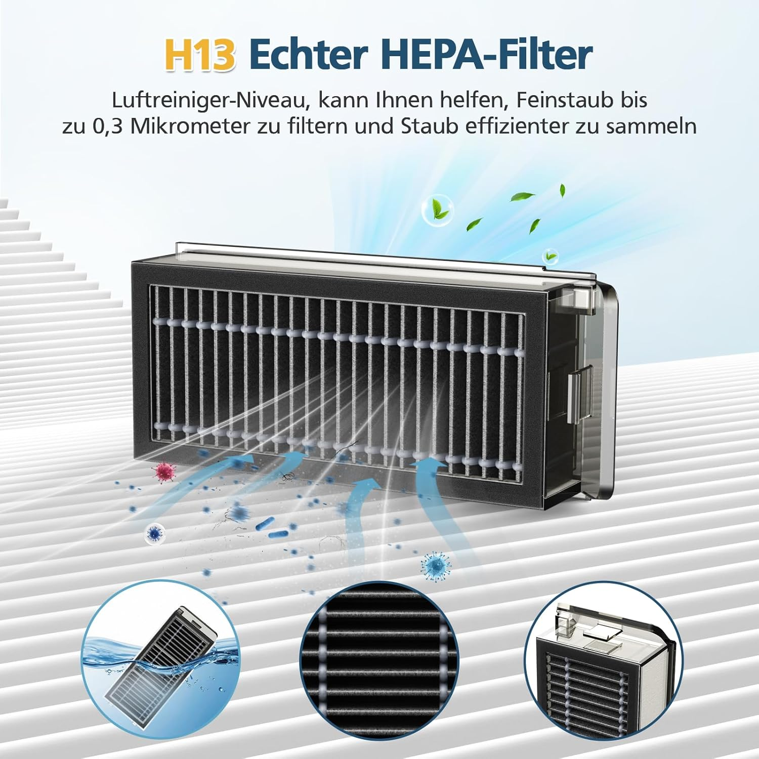 Zbliżenie czarnego filtra HEPA z tekstem, pokazujące przepływ powietrza i schematy jego struktury.