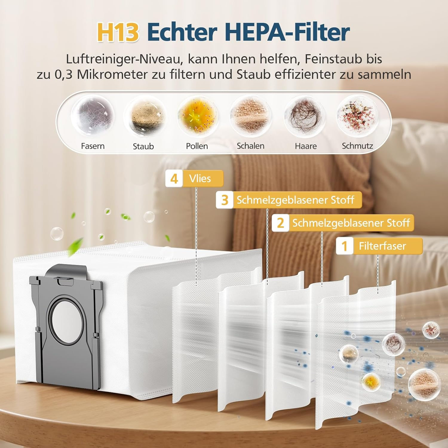 Schemat filtra odkurzacza, pokazujący jego warstwy, z tekstem i etykietami, na drewnianej powierzchni.