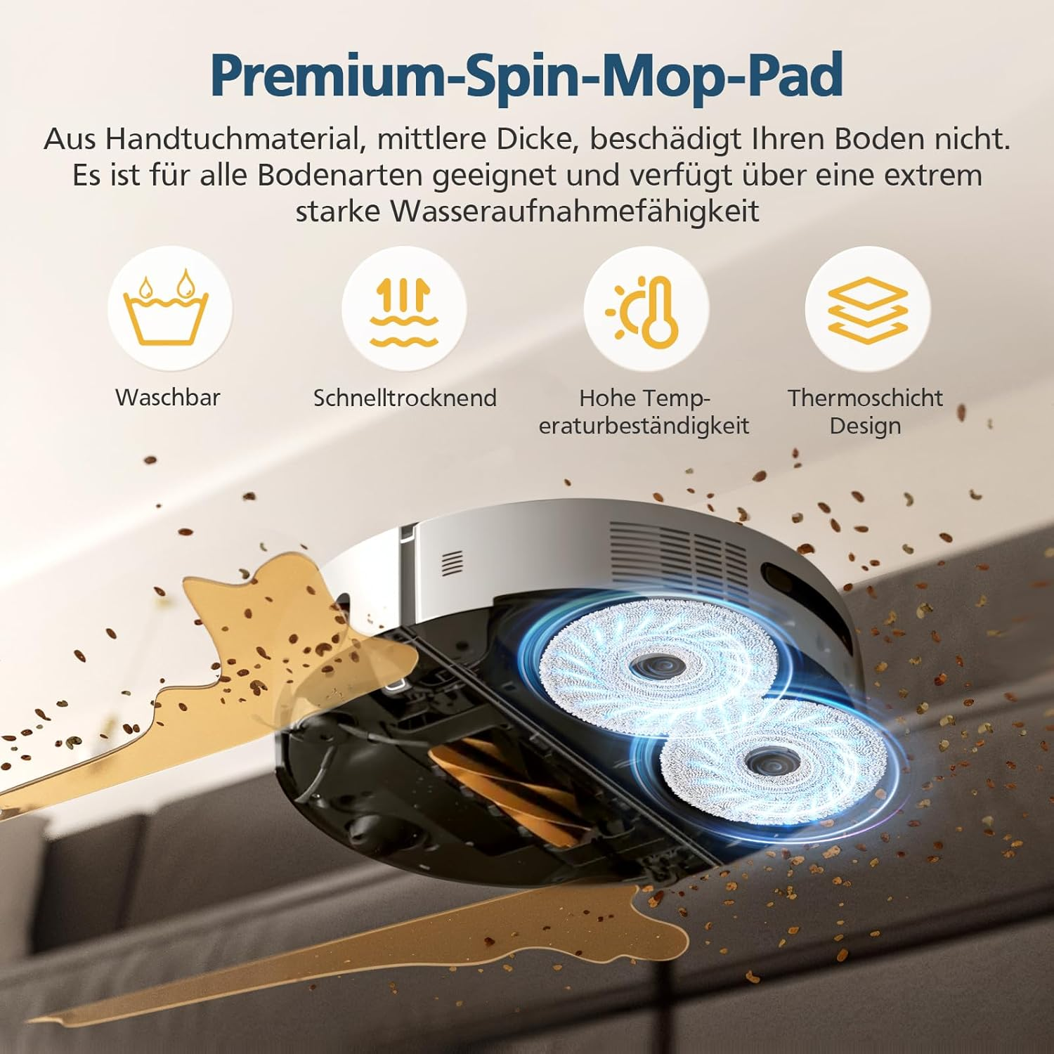 Podstawa odkurzacza z dwiema obrotowymi nakładkami, z tekstem o cechach i zaletach produktu.