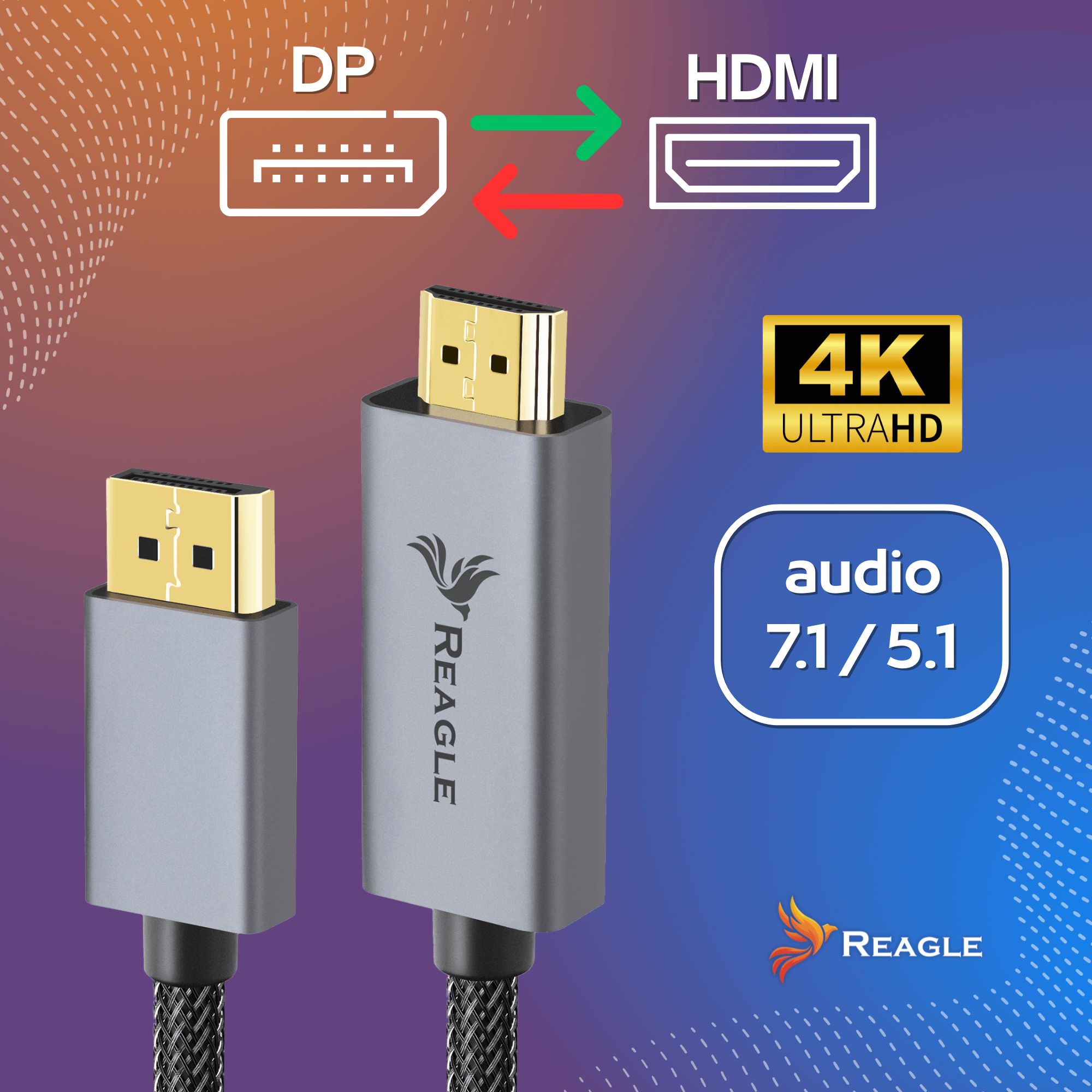 Kabel DP do HDMI ze złotymi złączami. Obraz pokazuje porty DP i HDMI oraz logo 4K Ultra HD.