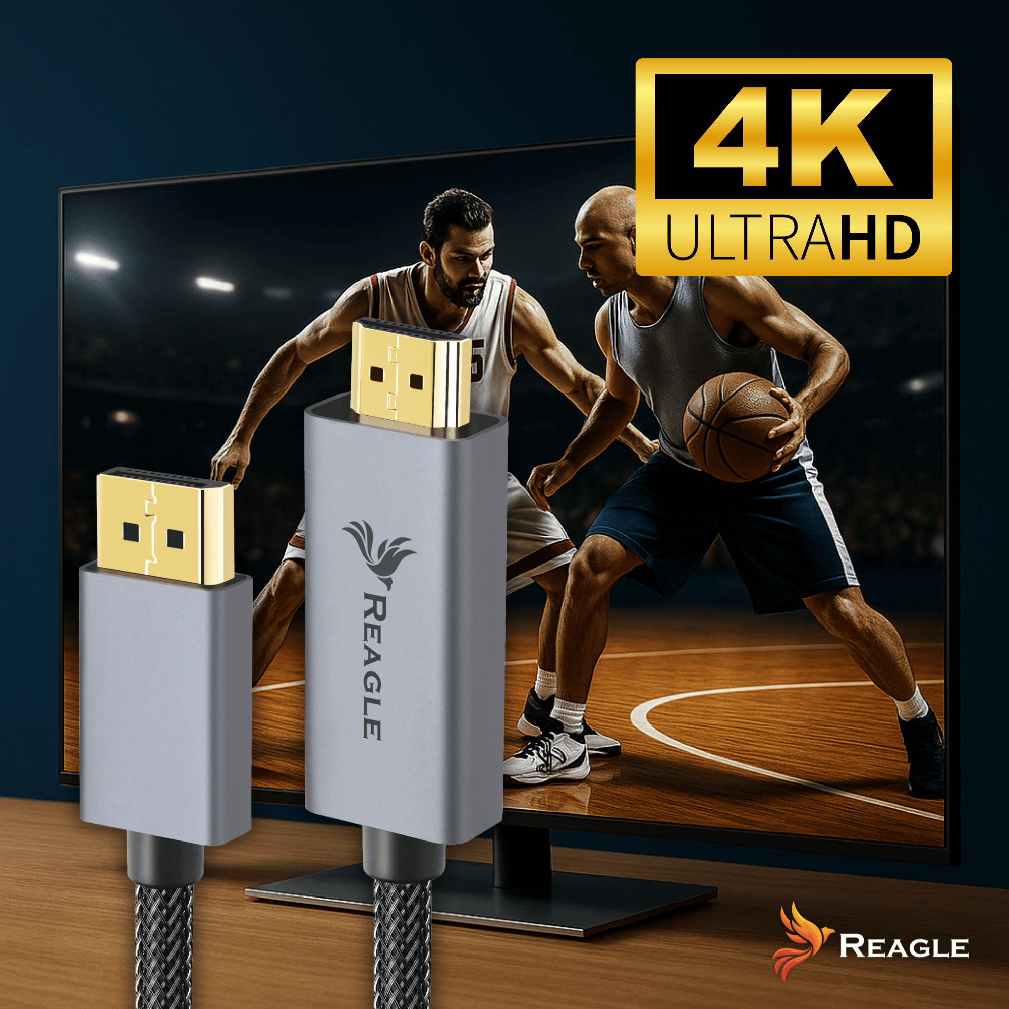 Dwa kable HDMI ze złotymi złączami w pobliżu meczu koszykówki w telewizji. Widoczny tekst "4K ULTRAHD".