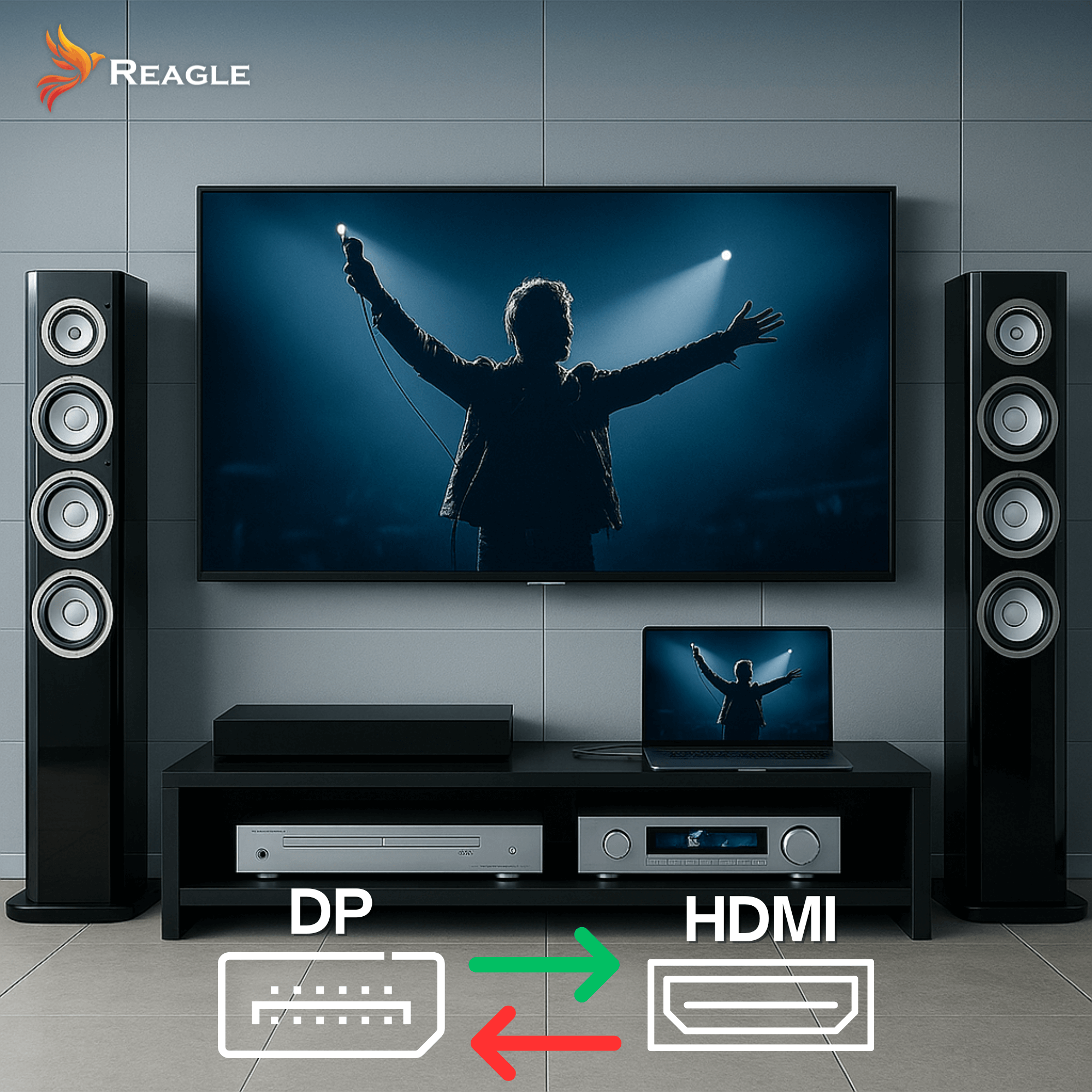 Salon z telewizorem, głośnikami i laptopem. Złącza HDMI i DP pokazane ze strzałkami.