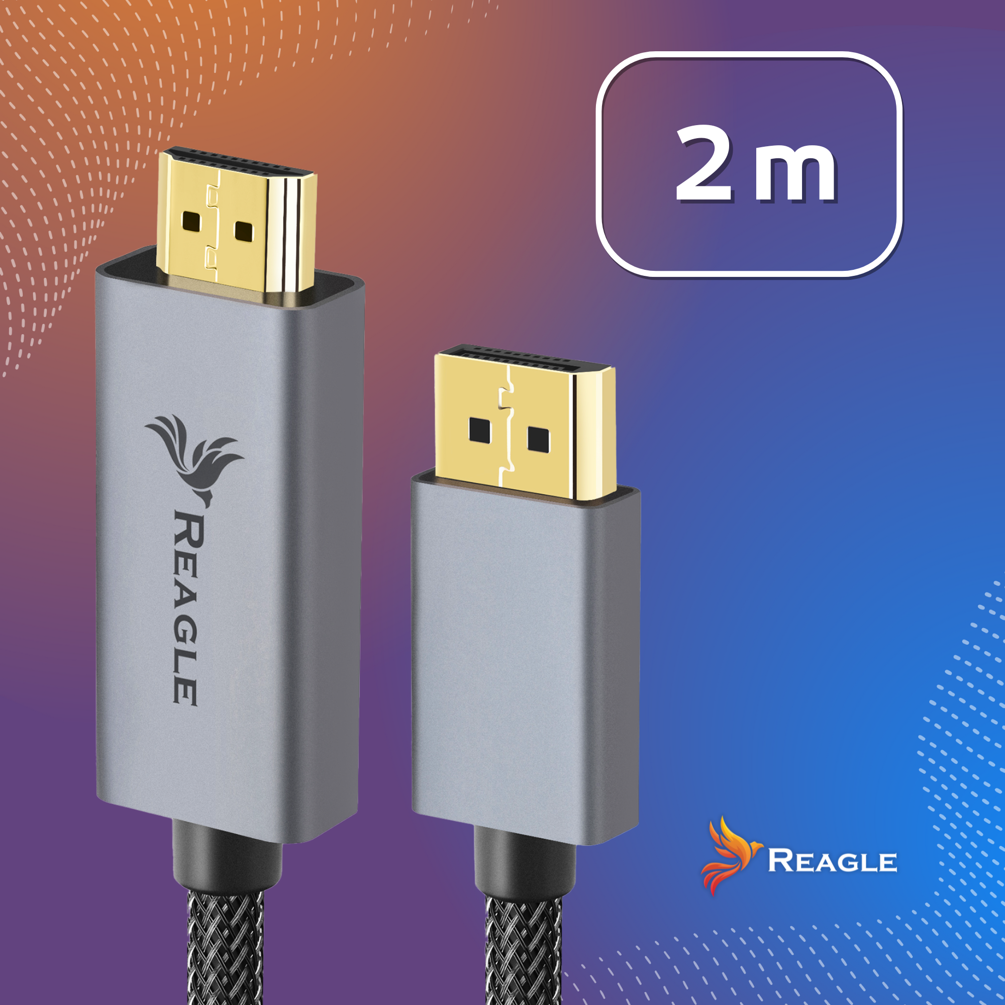 Dwa kable HDMI ze złotymi złączami na tle gradientu. Widoczny tekst "2 m" i logo.