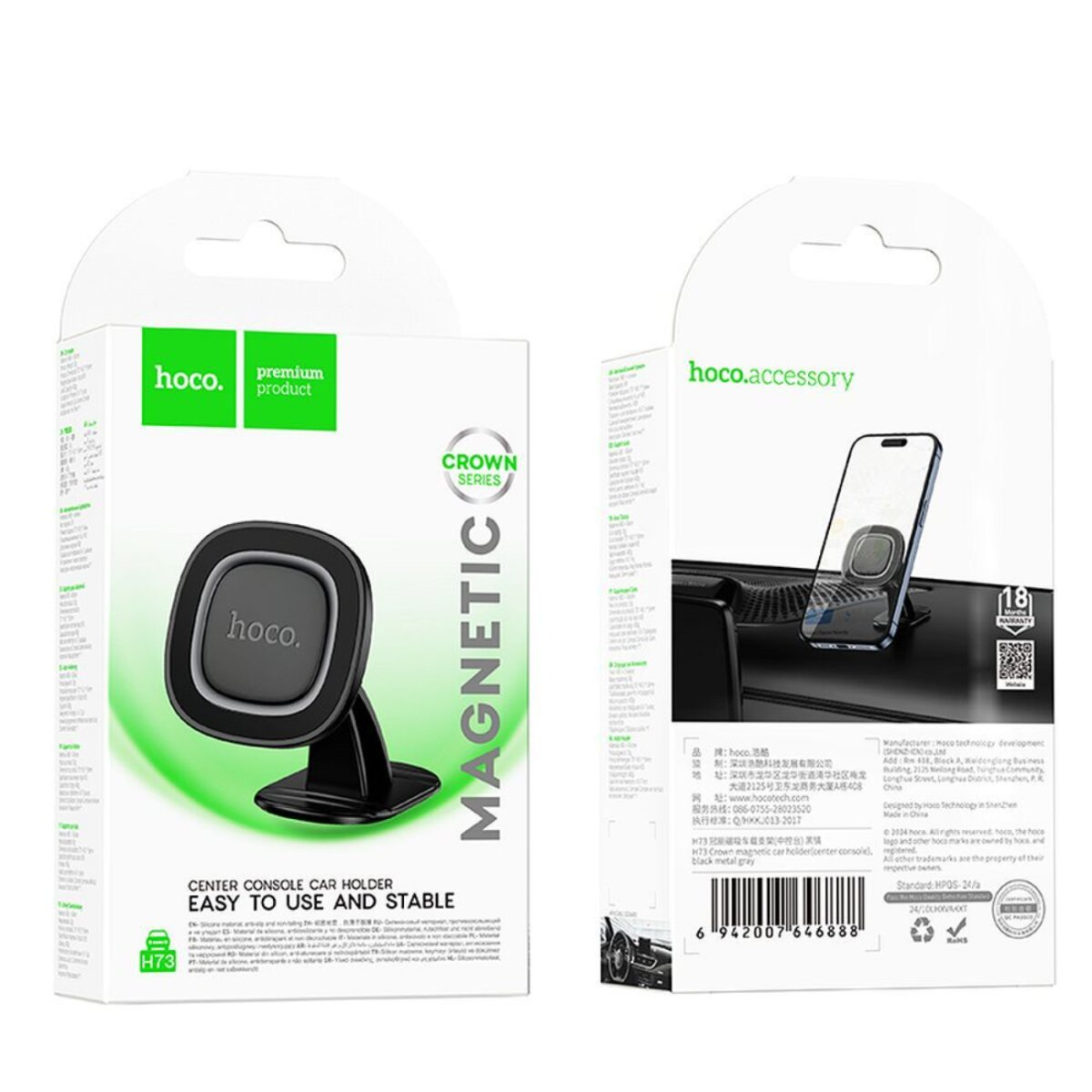 Confezione per un supporto per telefono da auto. La scatola è bianca e verde. Il supporto è nero.