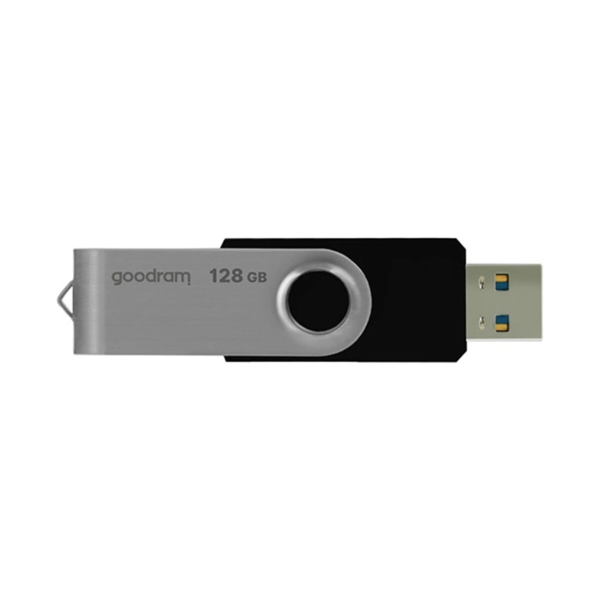 Srebrno-czarny pendrive z napisem "goodram 128 GB" na białej powierzchni.