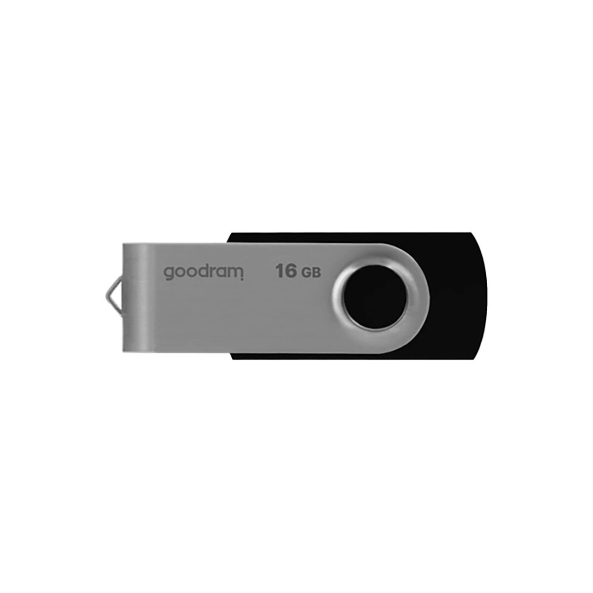 Srebrno-czarny pendrive z napisem "goodram 16 GB" na białej powierzchni.