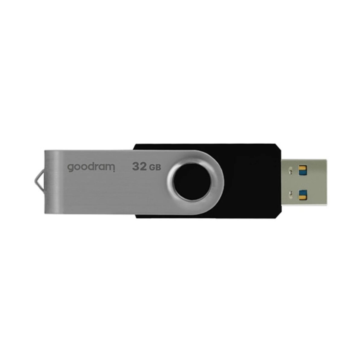 Srebrny pendrive z czarnym końcem, marka goodram, 32 GB. Izolowany na białym tle.