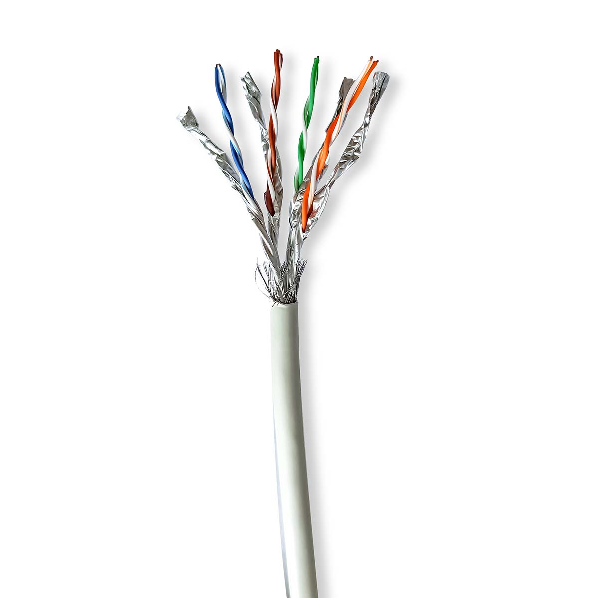 Witte kabel met blootliggende gekleurde draden. De draden zijn blauw, oranje, wit, groen en oranje.