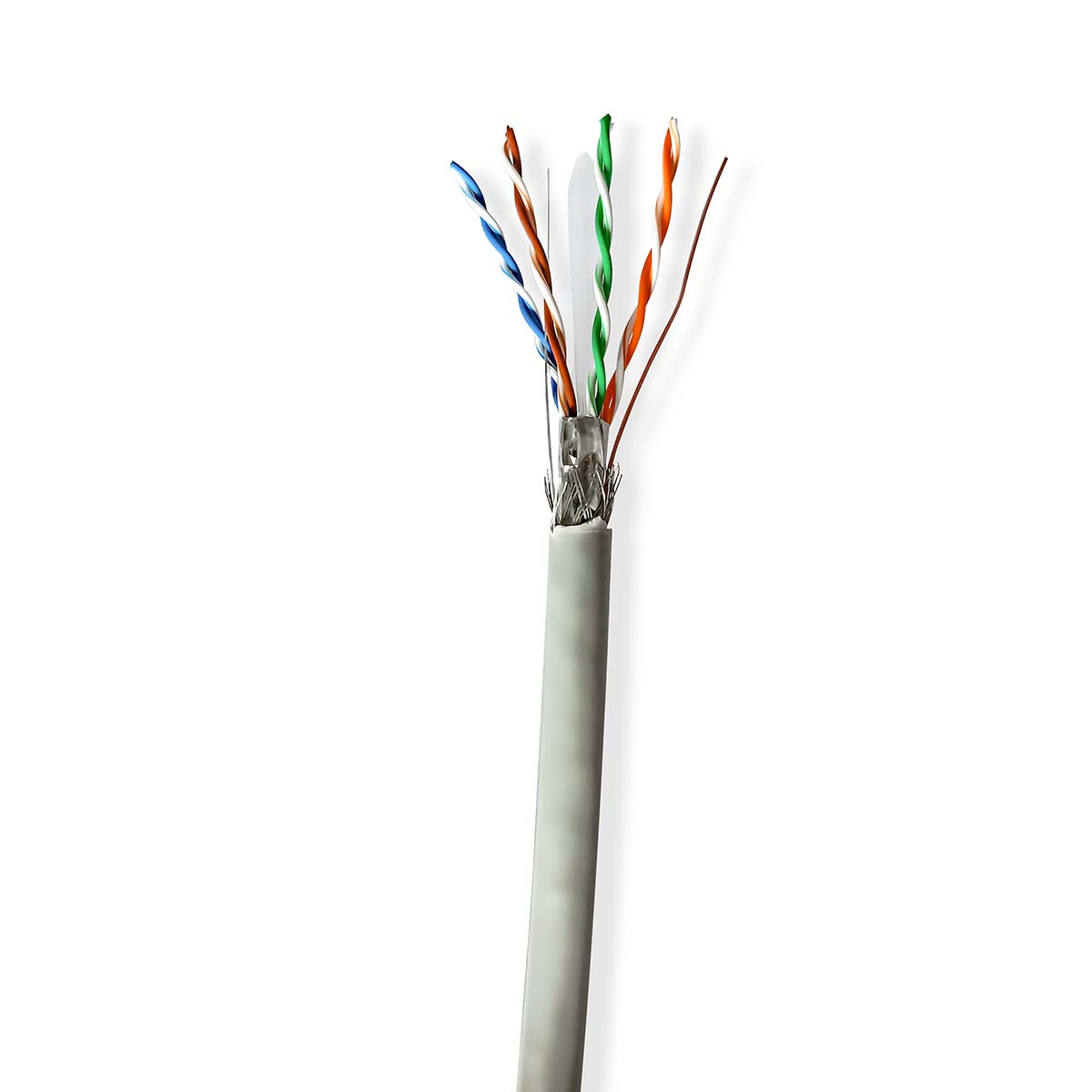Graues Kabel mit freiliegenden farbigen Drähten, mit weißem Hintergrund.
