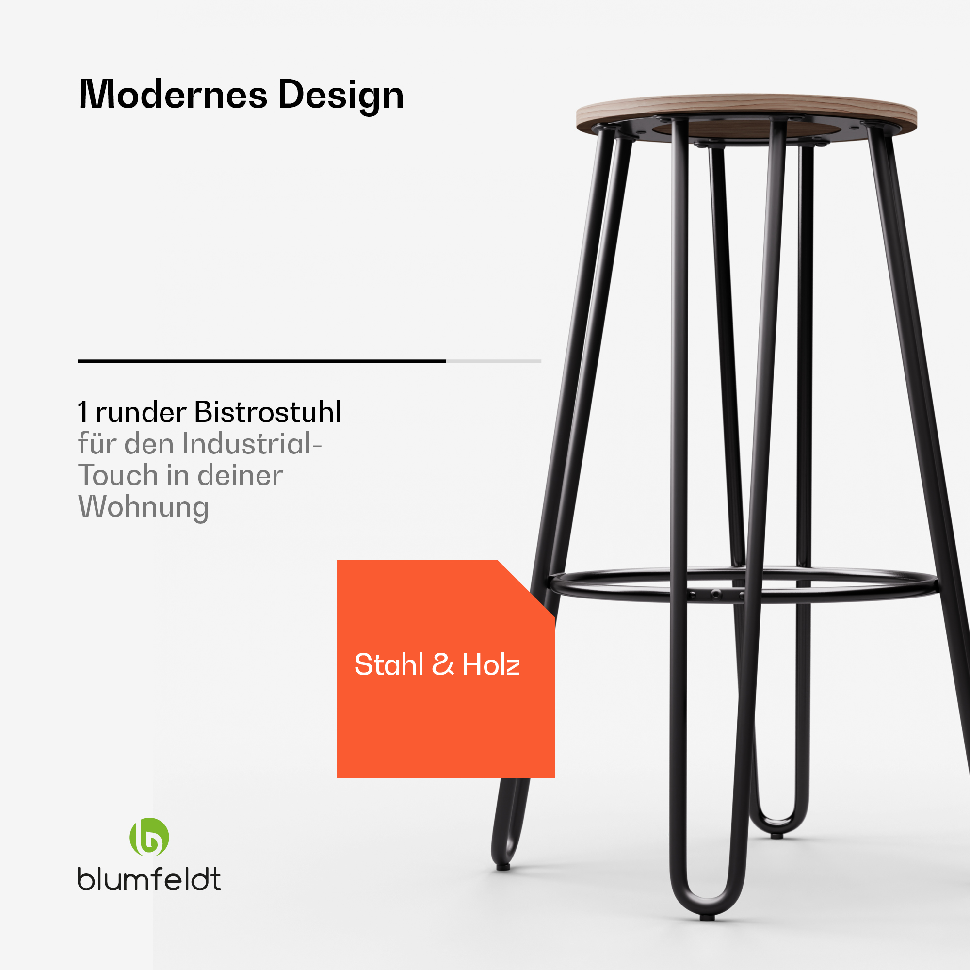 Ein Barhocker mit Holz-Sitzfläche und schwarzen Metallbeinen. Der Hocker wird in einer modernen Umgebung gezeigt.