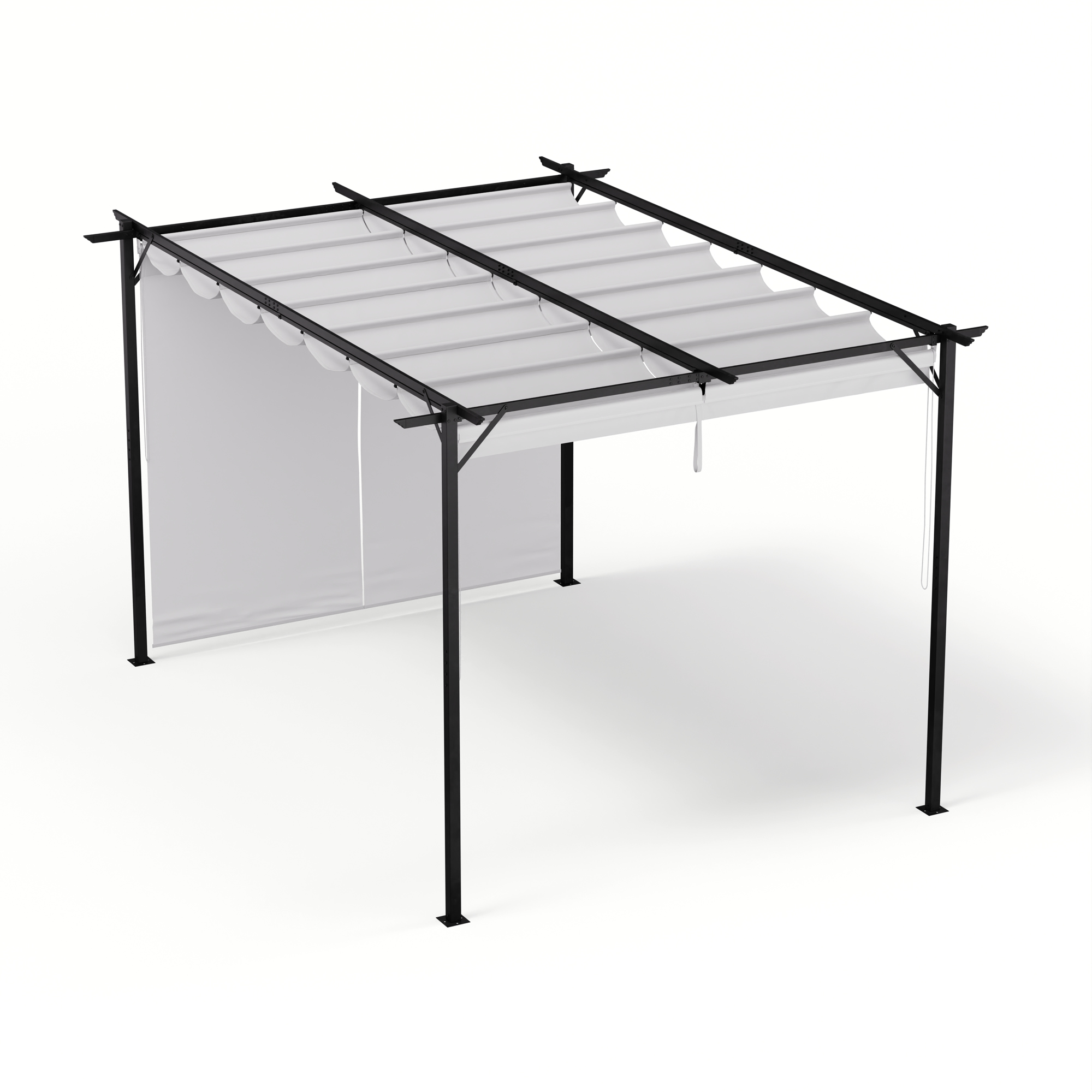 Una pergola bianca con struttura in metallo nero. Il tetto è bianco e ci sono tende bianche.