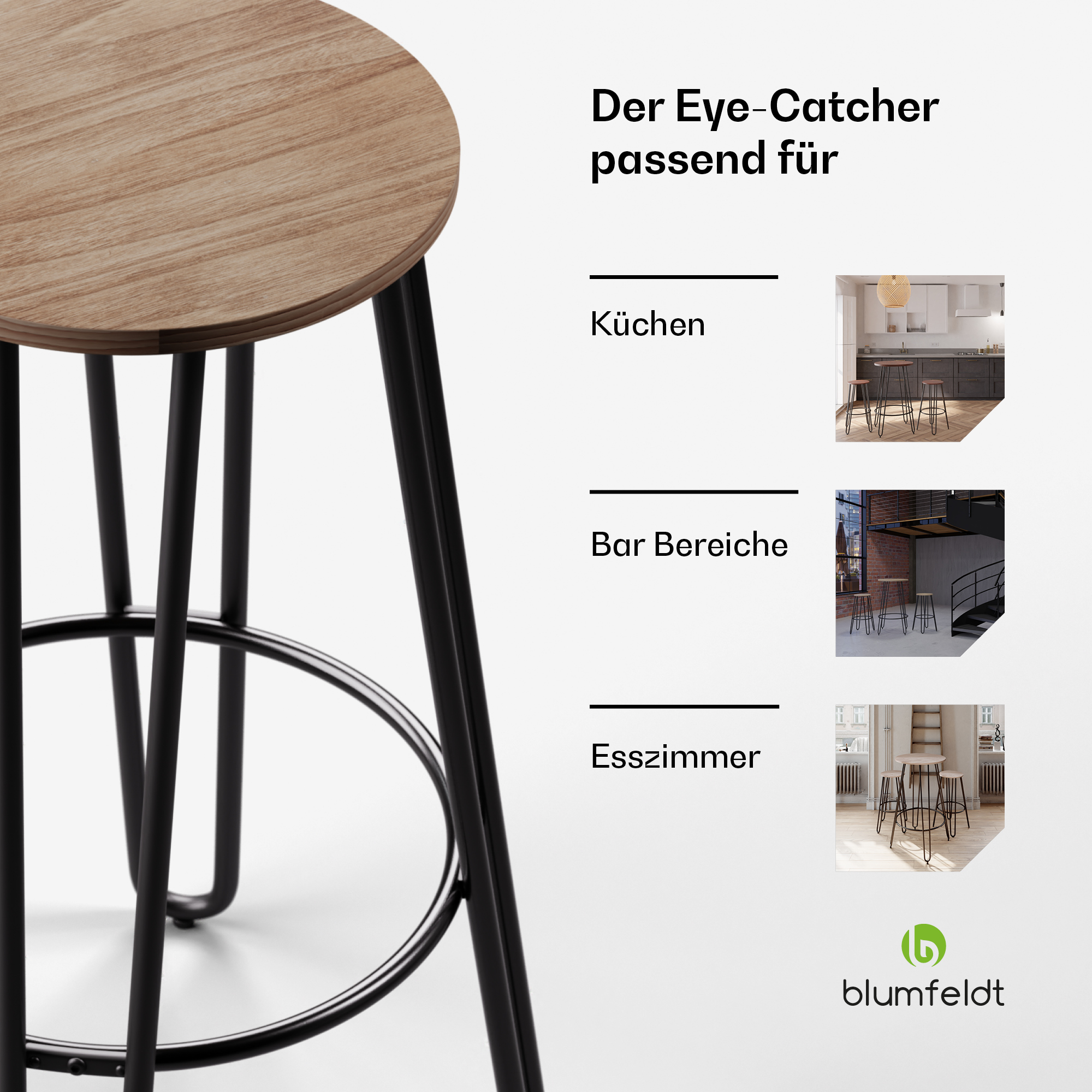 Ein Barhocker mit Holz-Sitzfläche und schwarzen Metallbeinen. Der Hocker wird in einer modernen Umgebung gezeigt.