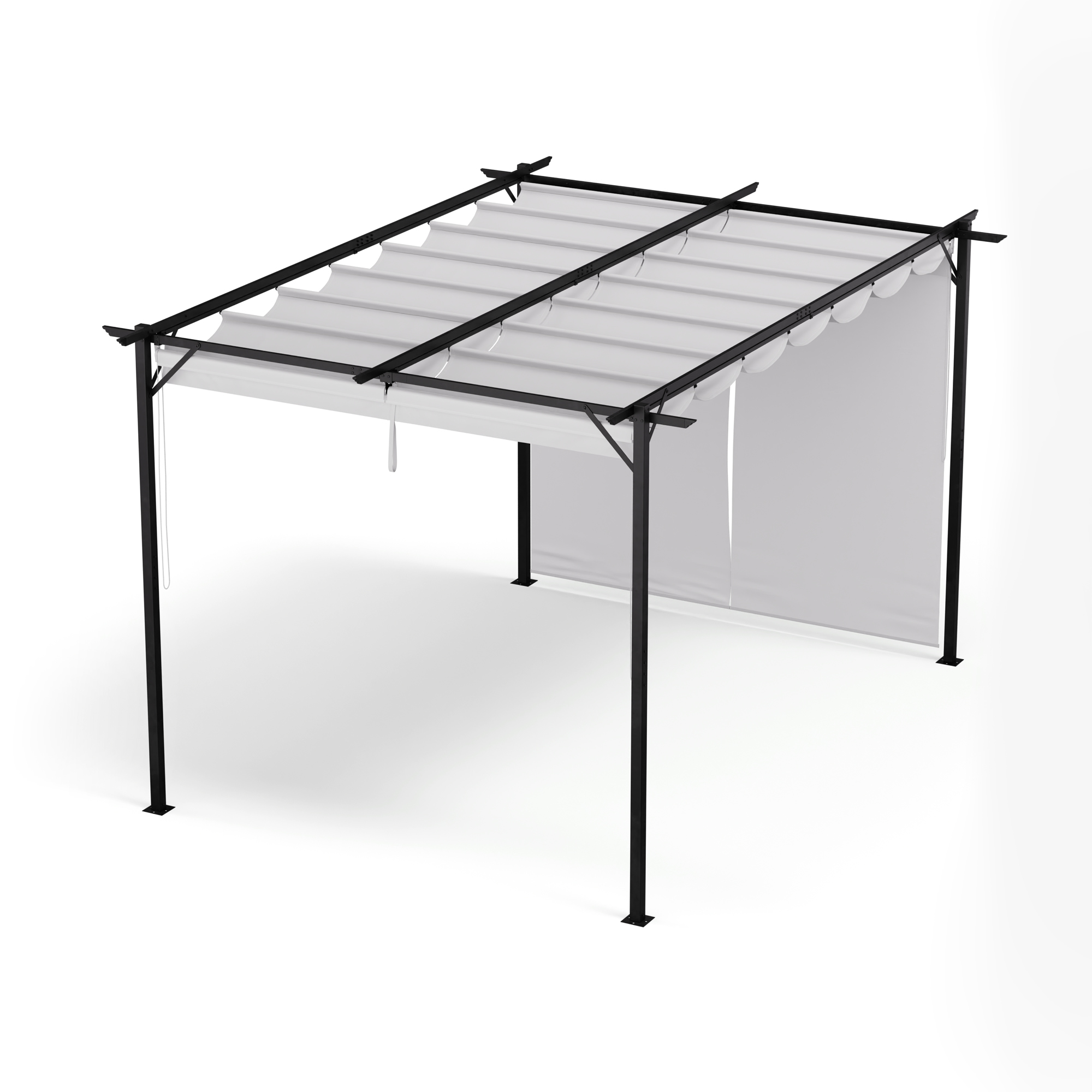 Una pergola bianca con struttura in metallo nero. Il tetto è bianco e ci sono tende bianche.