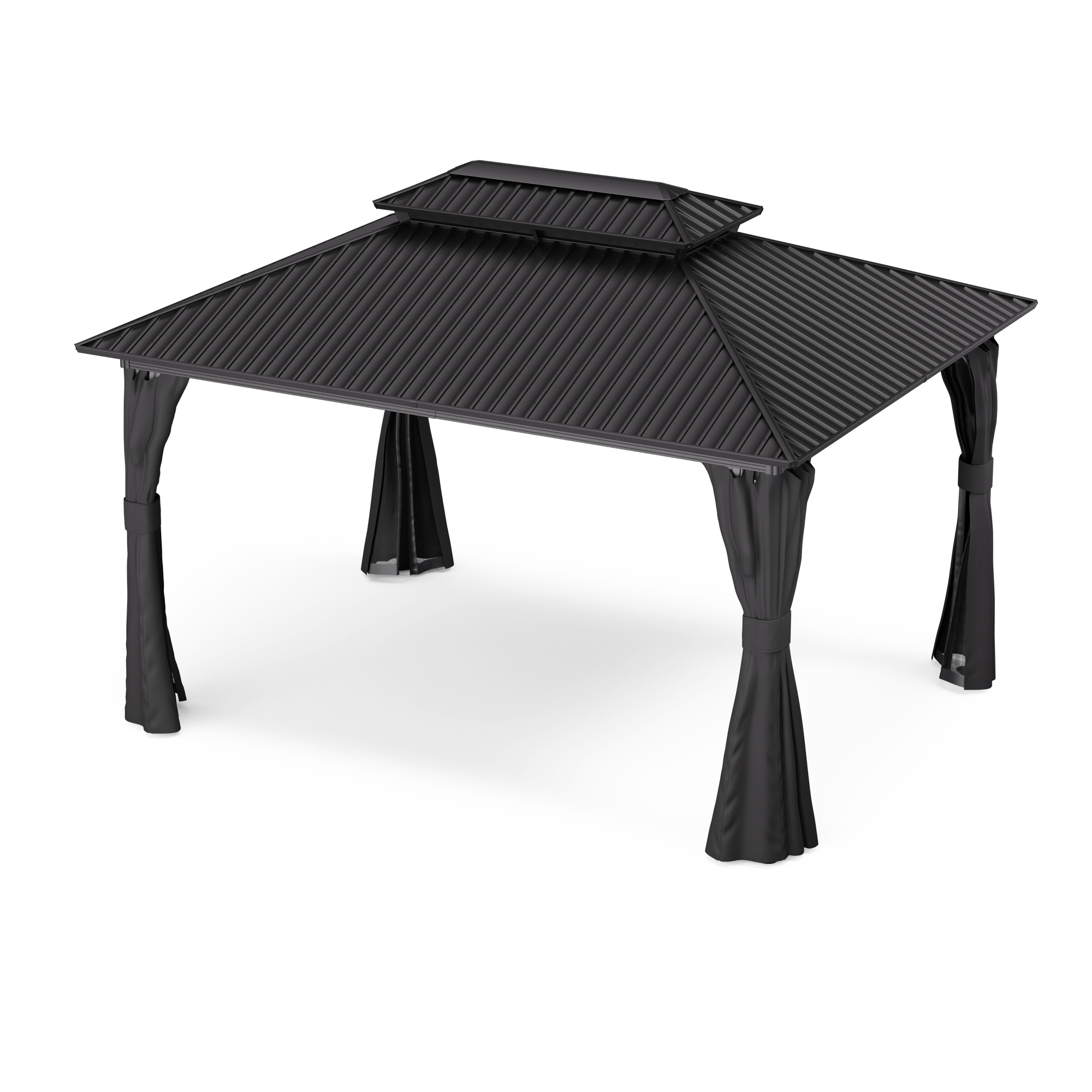 Un gazebo nero con tetto a gradini e tende nere. Ha un design semplice.