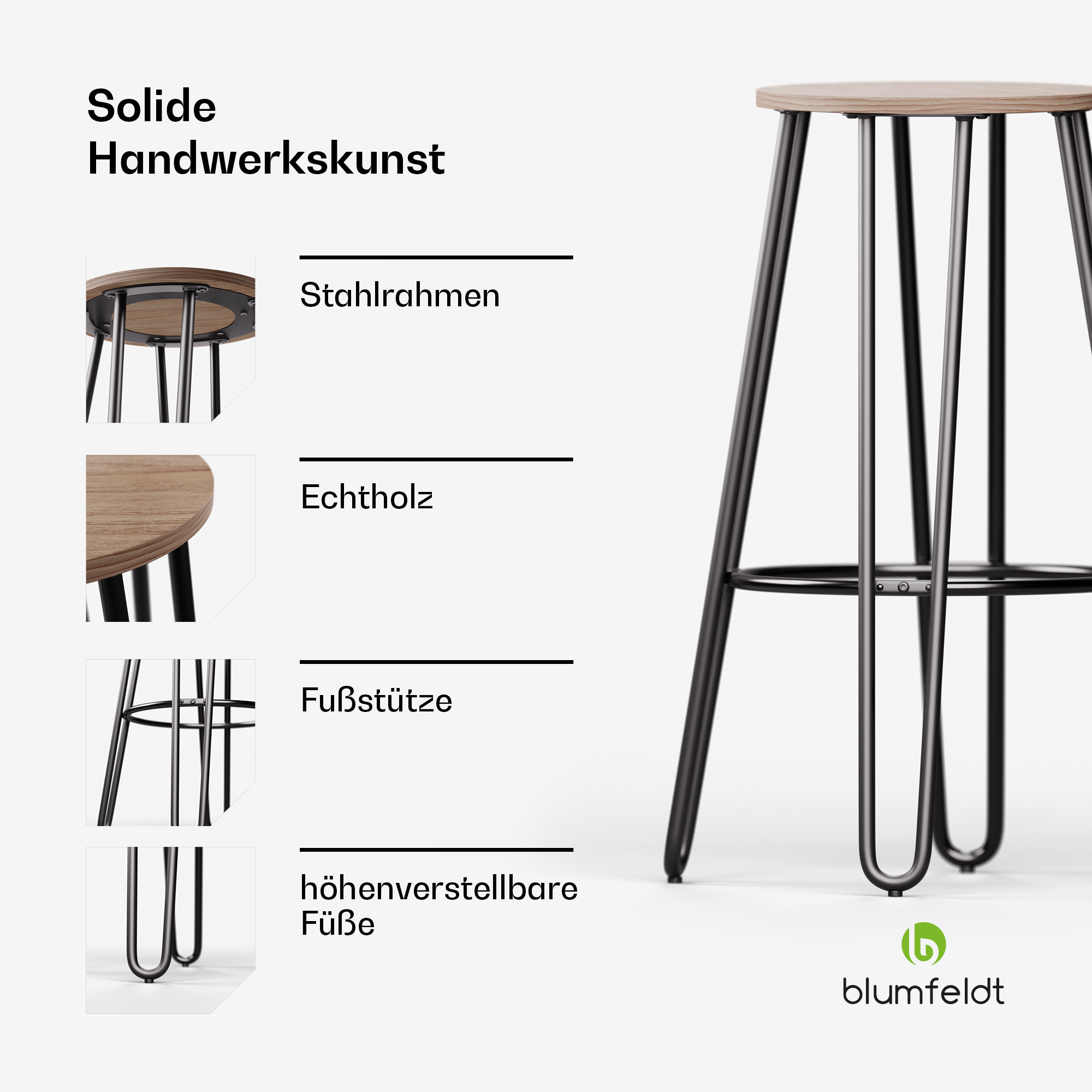 Barhocker mit Holz-Sitzfläche und schwarzen Metallbeinen. Detailaufnahmen der Konstruktion werden gezeigt.